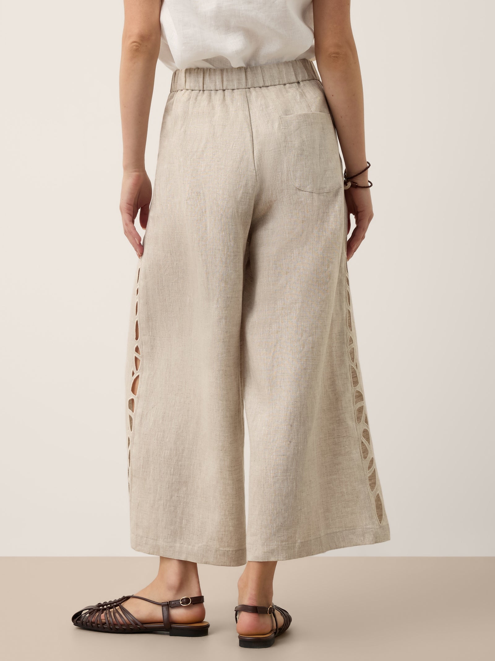 100% Linen Cutwork Side Detail Elasticated Waist Cropped Wide Leg Pants RAMONA by LINTICO