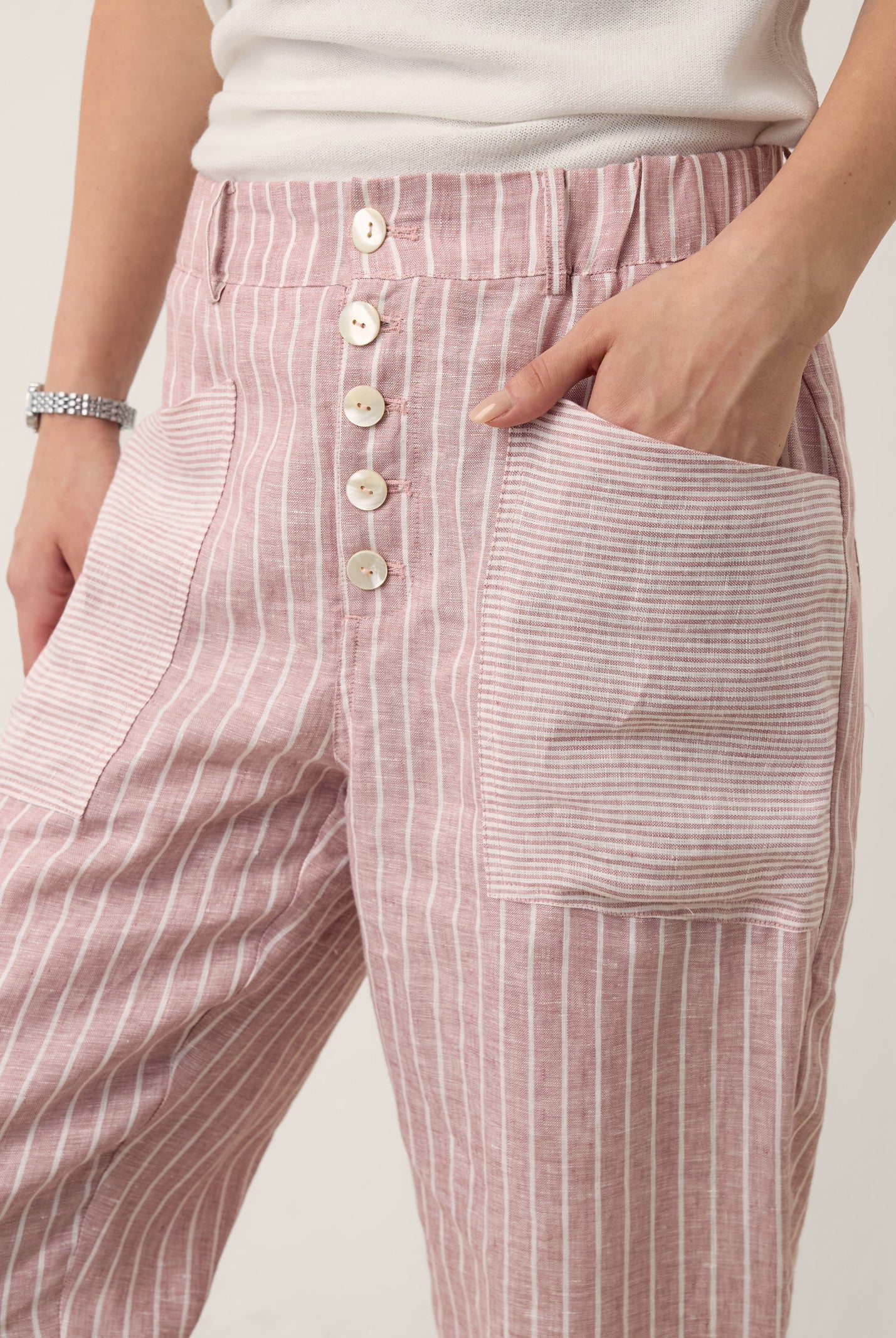 100% Linen Striped Patch Pocket Tapered Pants NERISSAH by LINTICO for women