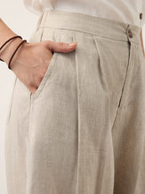 100% Linen Cutwork Side Detail Elasticated Waist Cropped Wide Leg Pants RAMONA by LINTICO