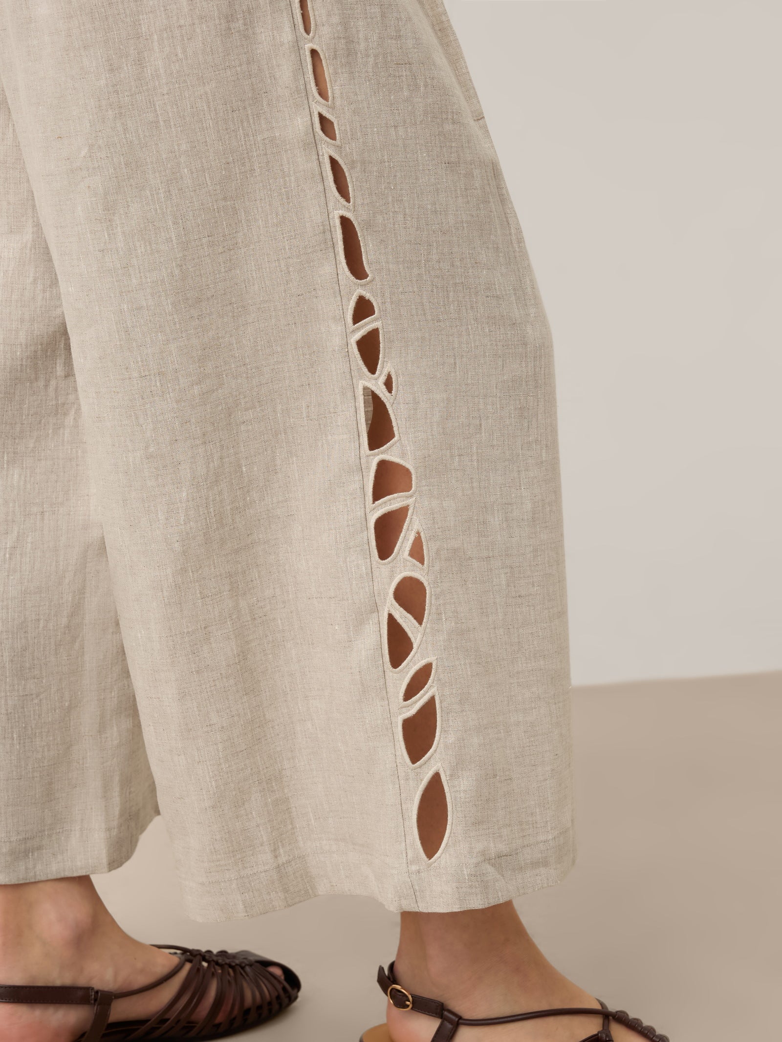 100% Linen Cutwork Side Detail Elasticated Waist Cropped Wide Leg Pants RAMONA by LINTICO