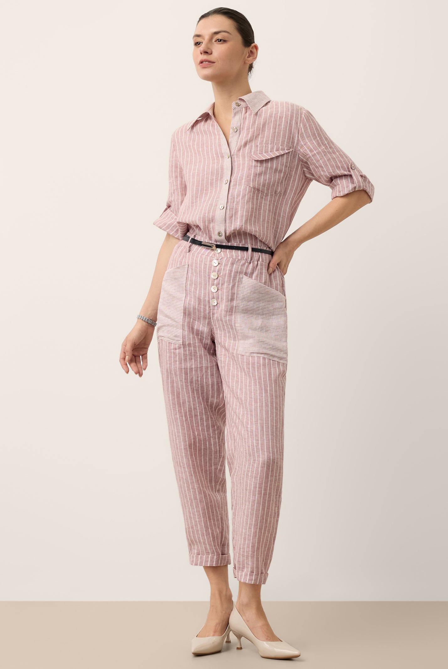 100% Linen Striped Patch Pocket Tapered Pants NERISSAH by LINTICO for women