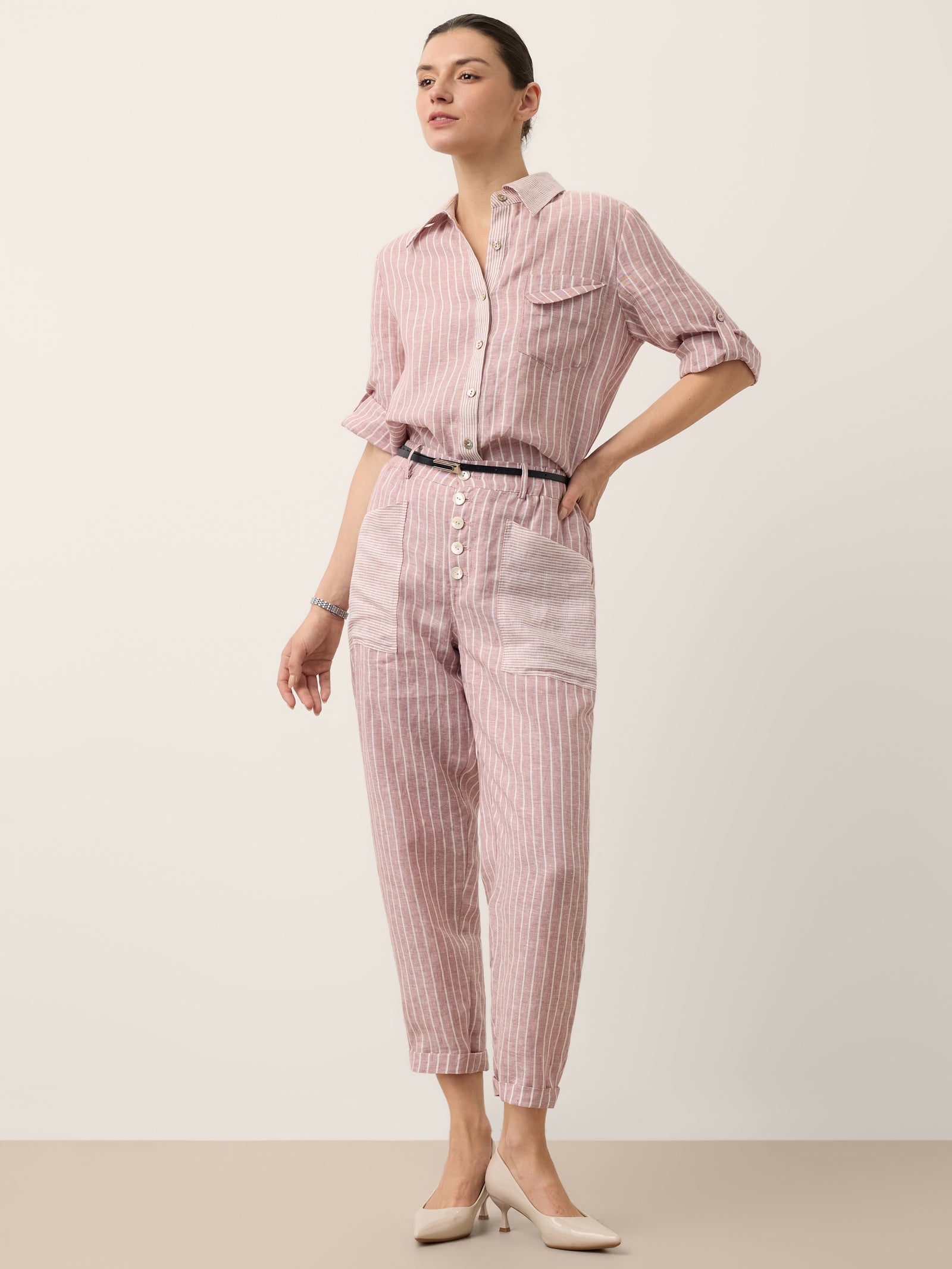 100% Linen Striped Patch Pocket Tapered Pants NERISSAH by LINTICO for women