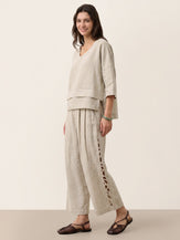 100% Linen Cutwork Side Detail Elasticated Waist Cropped Wide Leg Pants RAMONA by LINTICO