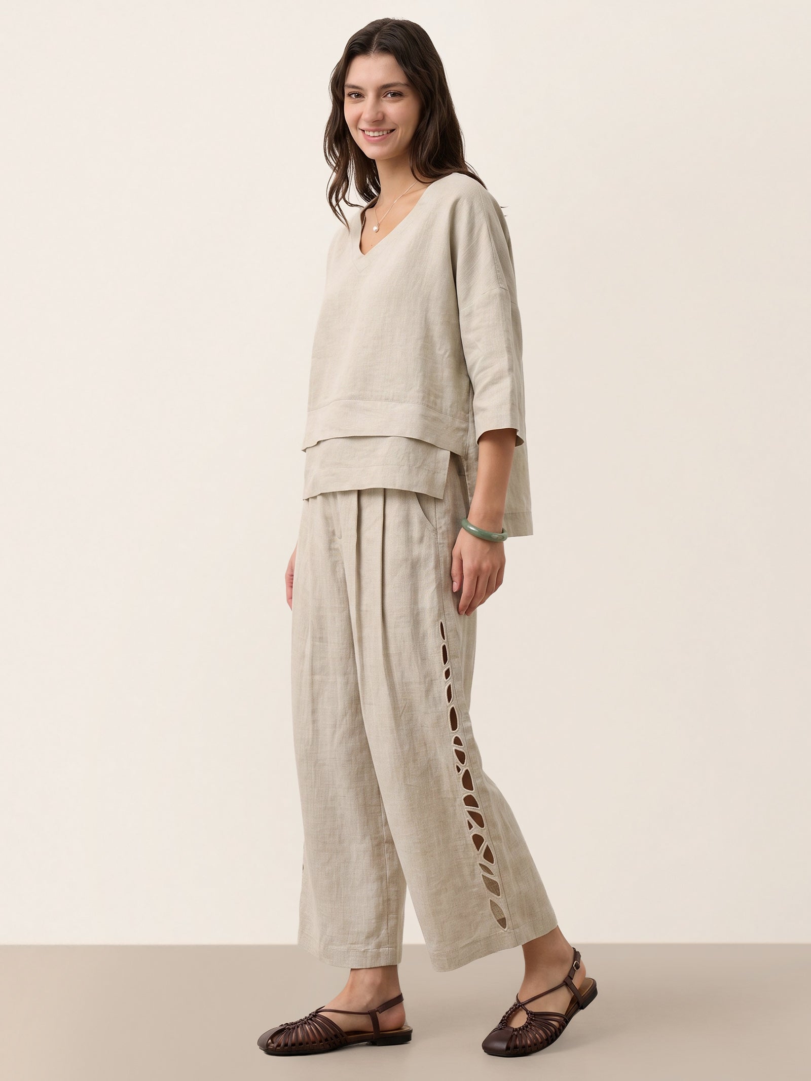 100% Linen Cutwork Side Detail Elasticated Waist Cropped Wide Leg Pants RAMONA by LINTICO