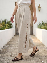 100% Linen Cutwork Side Detail Elasticated Waist Cropped Wide Leg Pants RAMONA by LINTICO