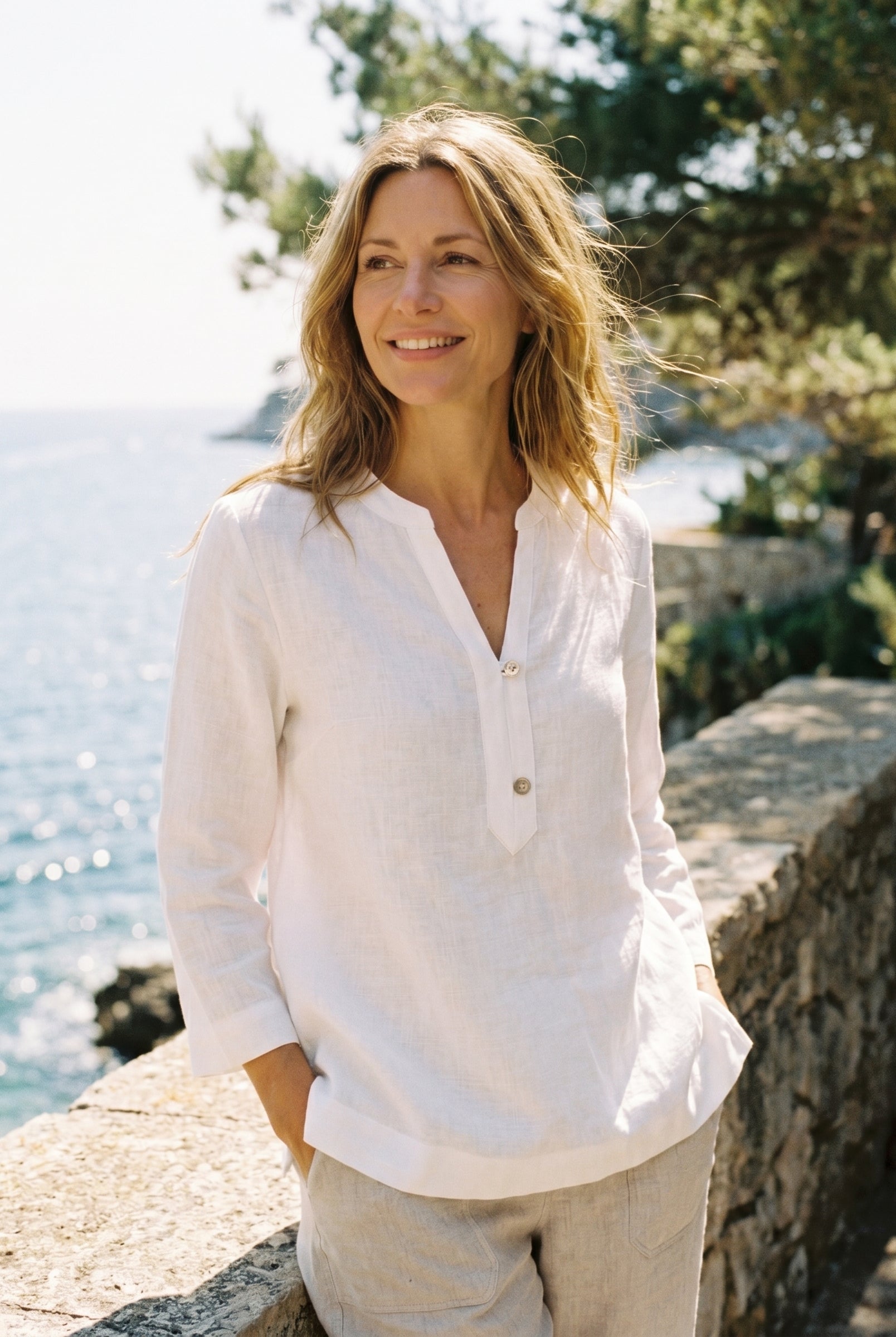 100% Linen Deep V-Neck Pullover with Button-Trim JOLYNE by LINTICO for women