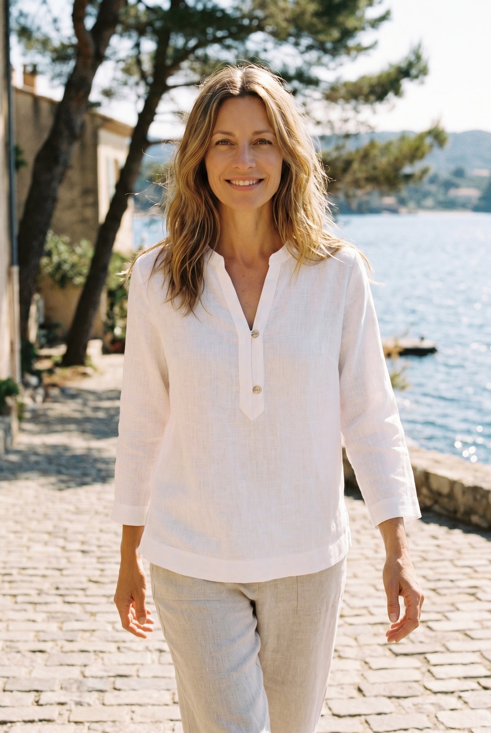 100% Linen Deep V-Neck Pullover with Button-Trim JOLYNE by LINTICO for women