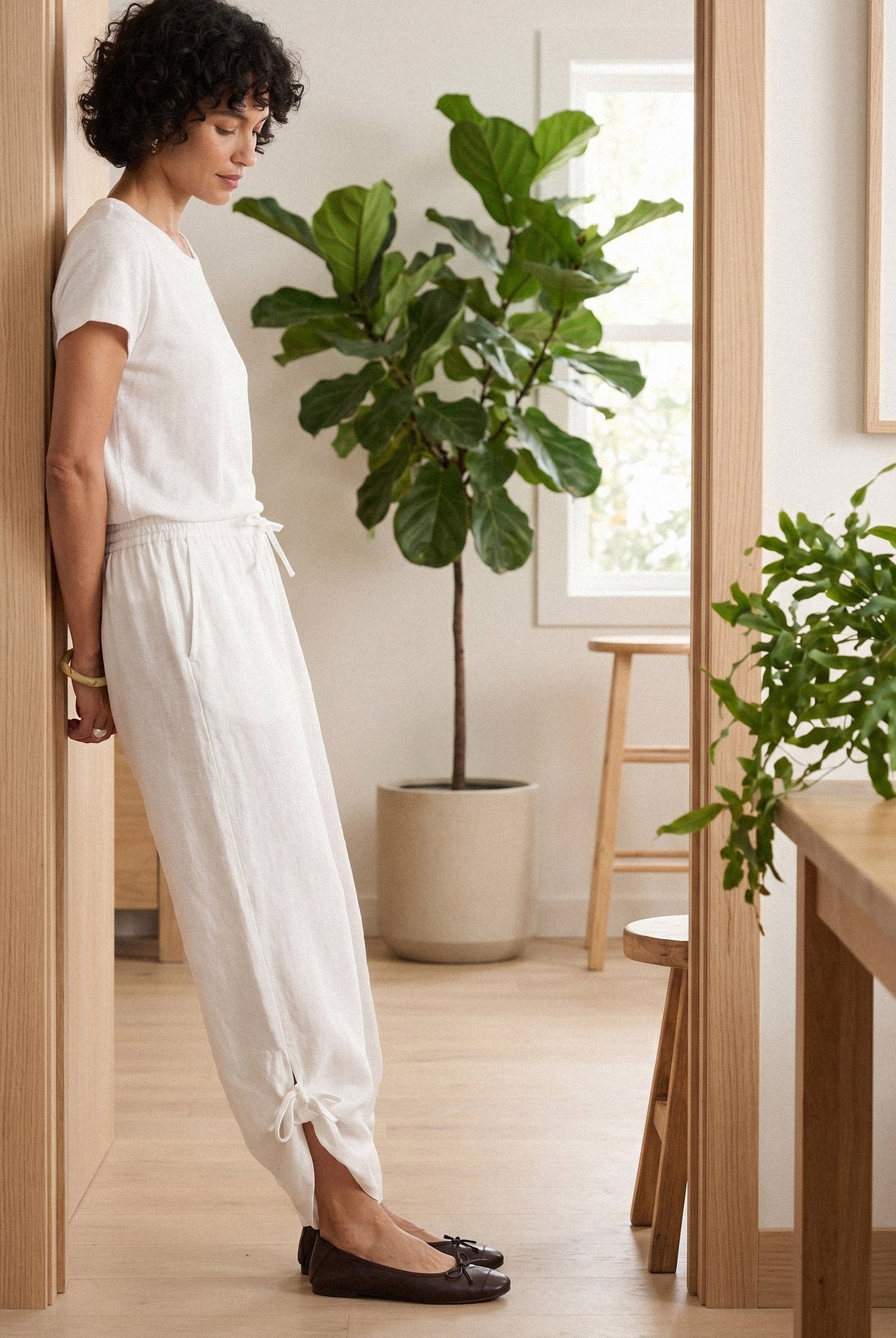 100% Linen Convertible Drawstring Hem Elasticated Waist Wide-Leg Pants YSELINE by LINTICO for women