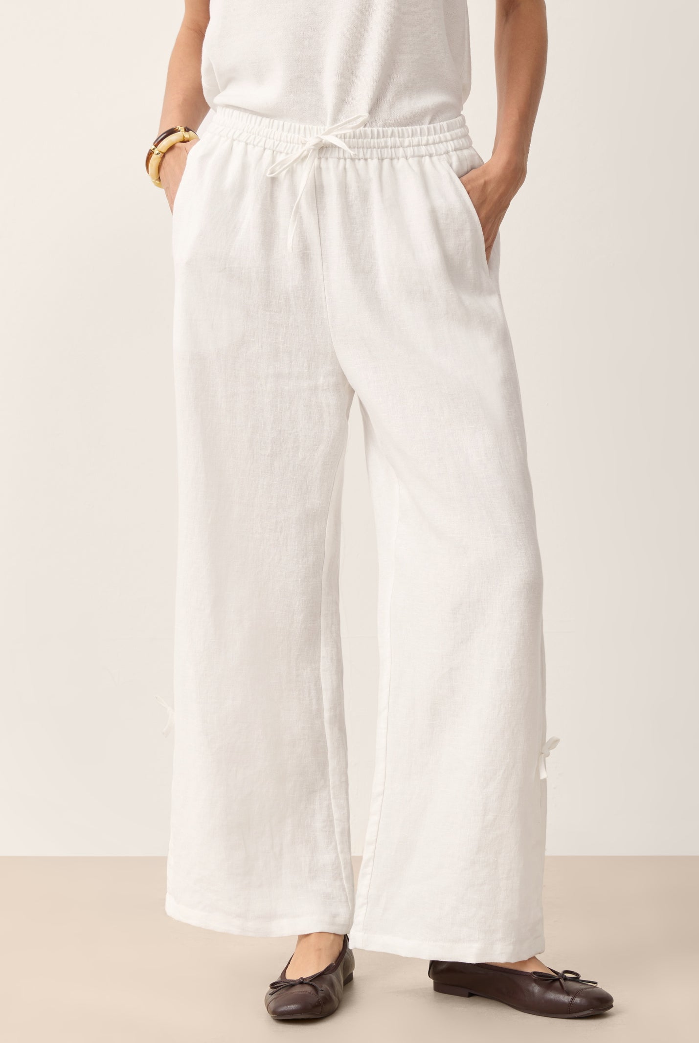 100% Linen Convertible Drawstring Hem Elasticated Waist Wide-Leg Pants YSELINE by LINTICO for women