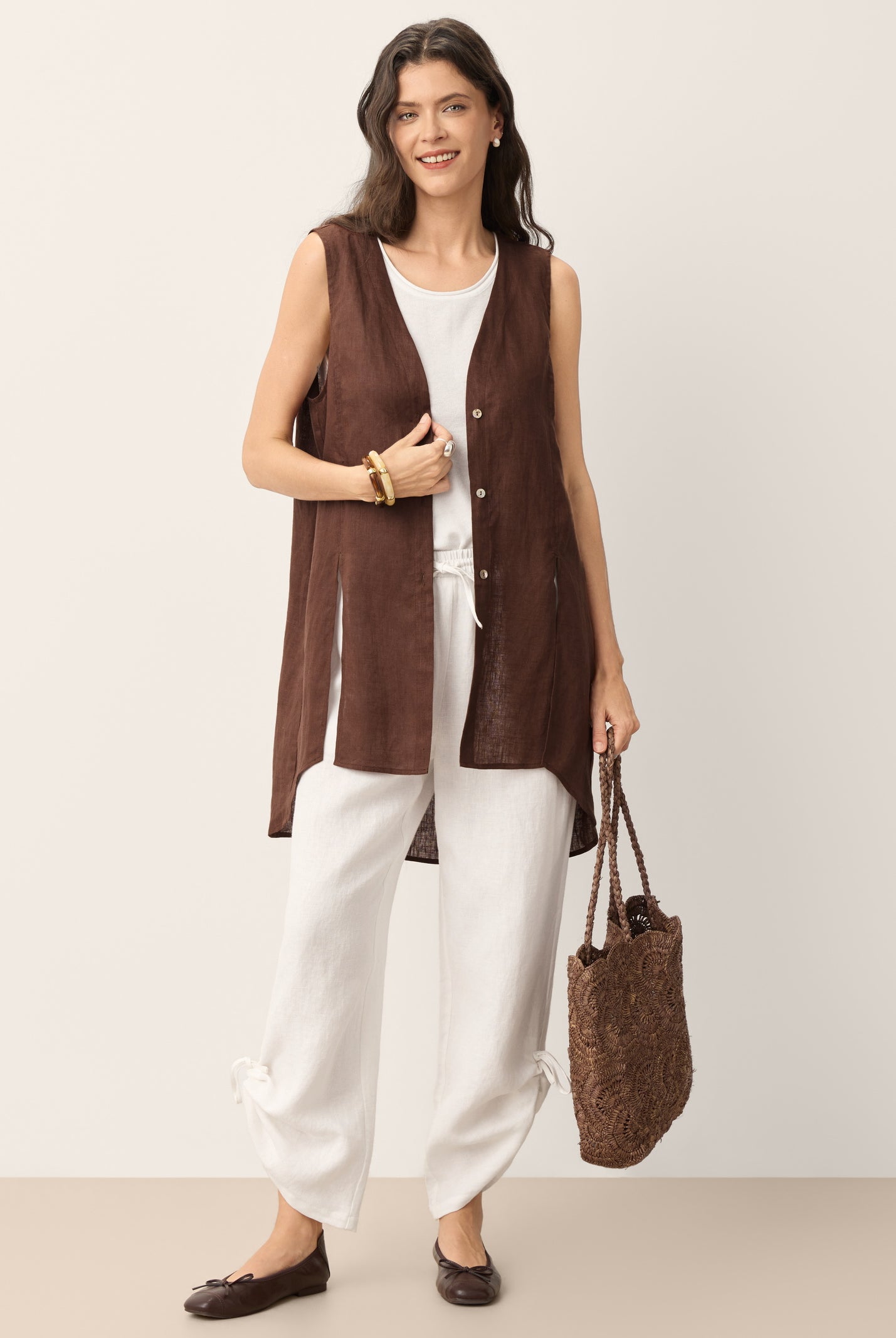 100% Linen Convertible Drawstring Hem Elasticated Waist Wide-Leg Pants YSELINE by LINTICO for women
