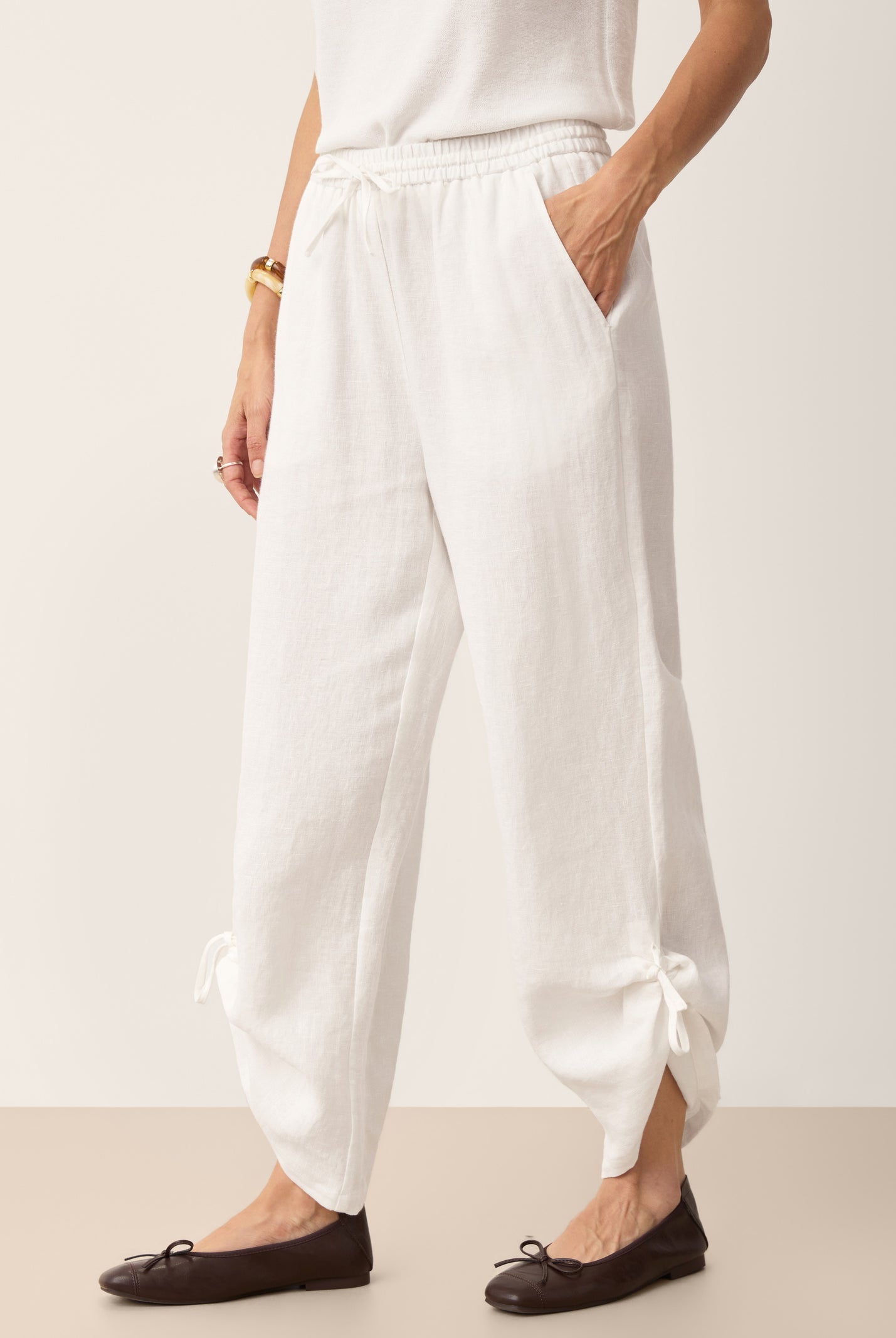 100% Linen Convertible Drawstring Hem Elasticated Waist Wide-Leg Pants YSELINE by LINTICO for women