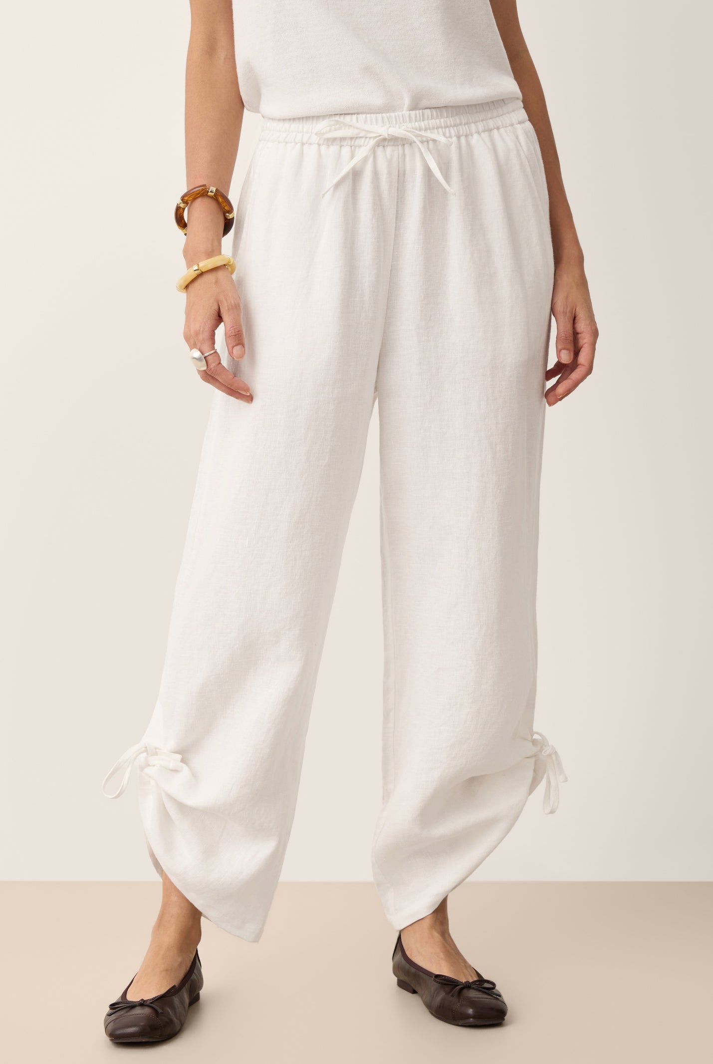 100% Linen Convertible Drawstring Hem Elasticated Waist Wide-Leg Pants YSELINE by LINTICO for women