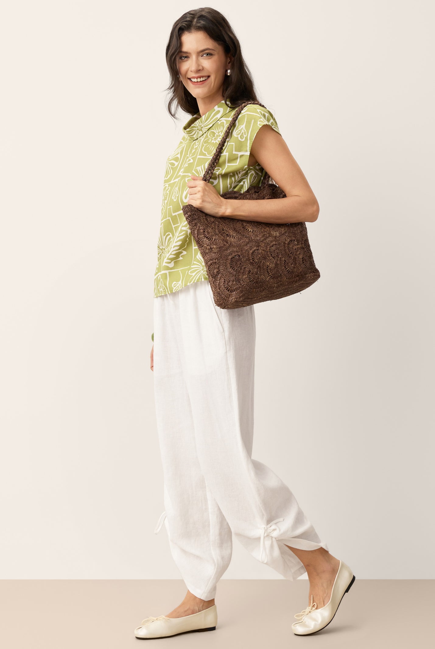 100% Linen Convertible Drawstring Hem Elasticated Waist Wide-Leg Pants YSELINE by LINTICO for women