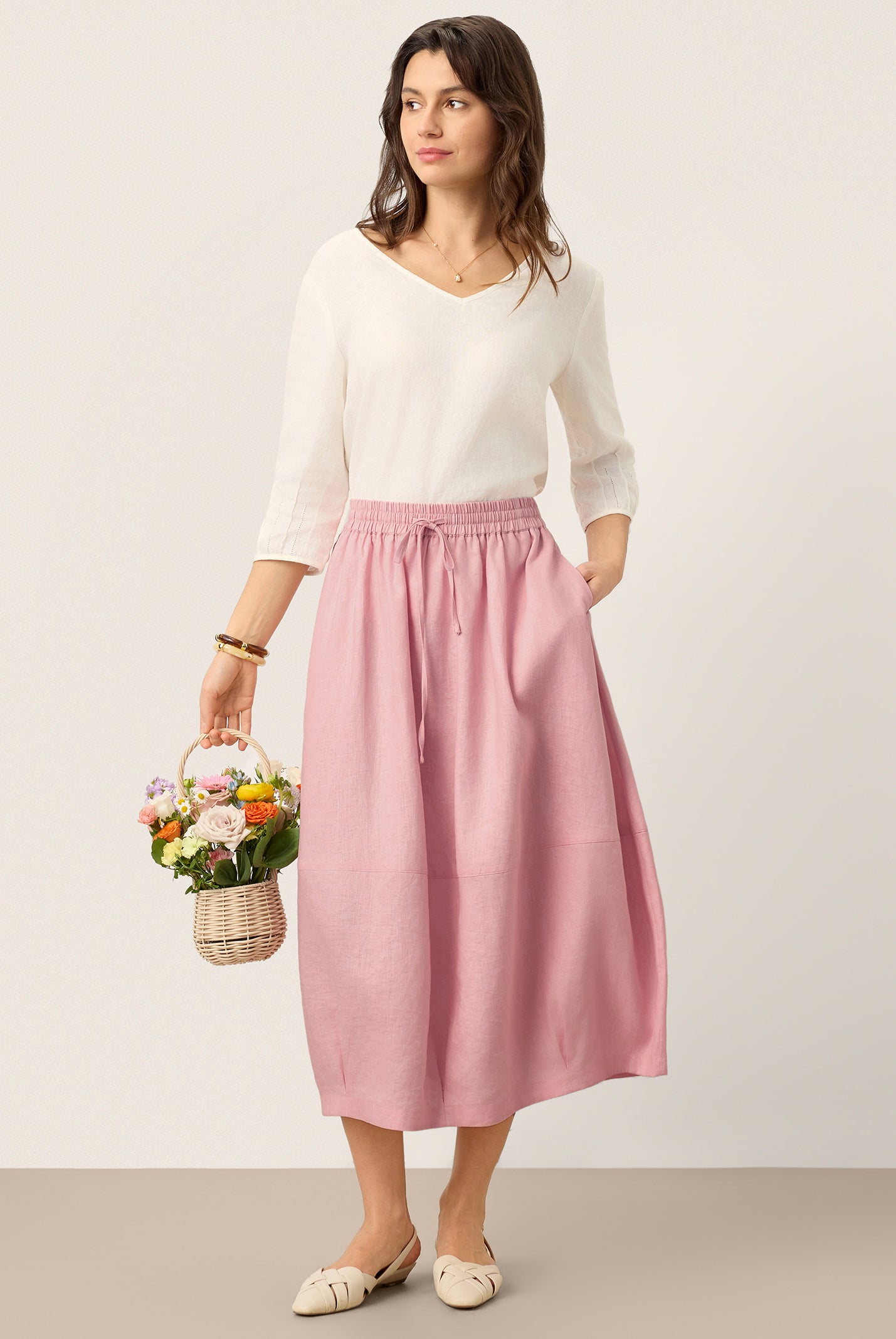 100% Linen Drawstring Lantern Maxi Skirt with Pockets ROXANNE by LINTICO for women
