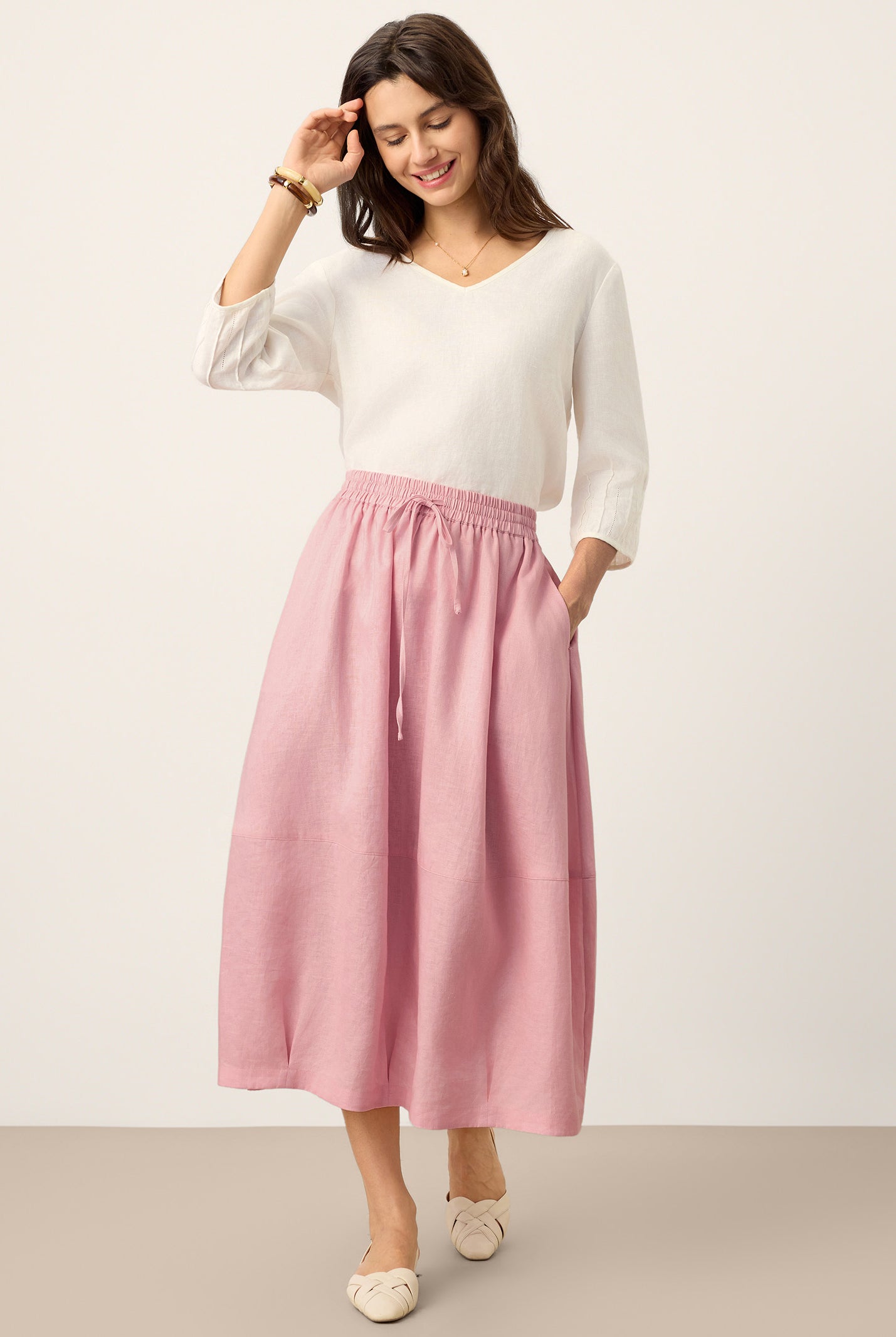 100% Linen Drawstring Lantern Maxi Skirt with Pockets ROXANNE by LINTICO for women