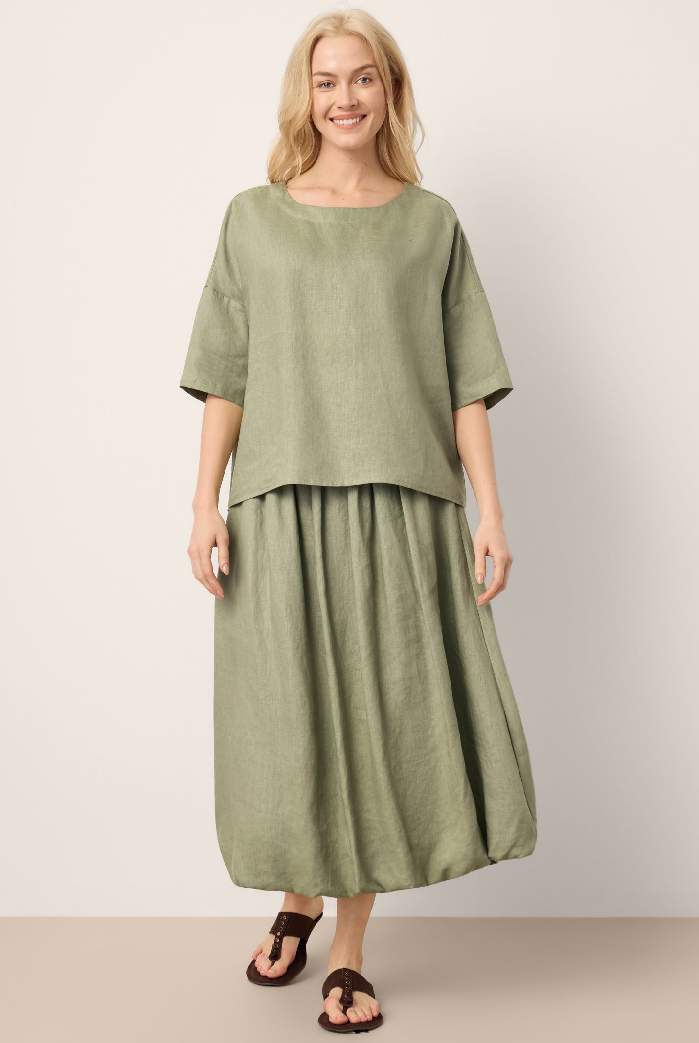 100% Linen Drop Shoulder Shirred Back High-Low Hem Top LINDSEY by LINTICO for women