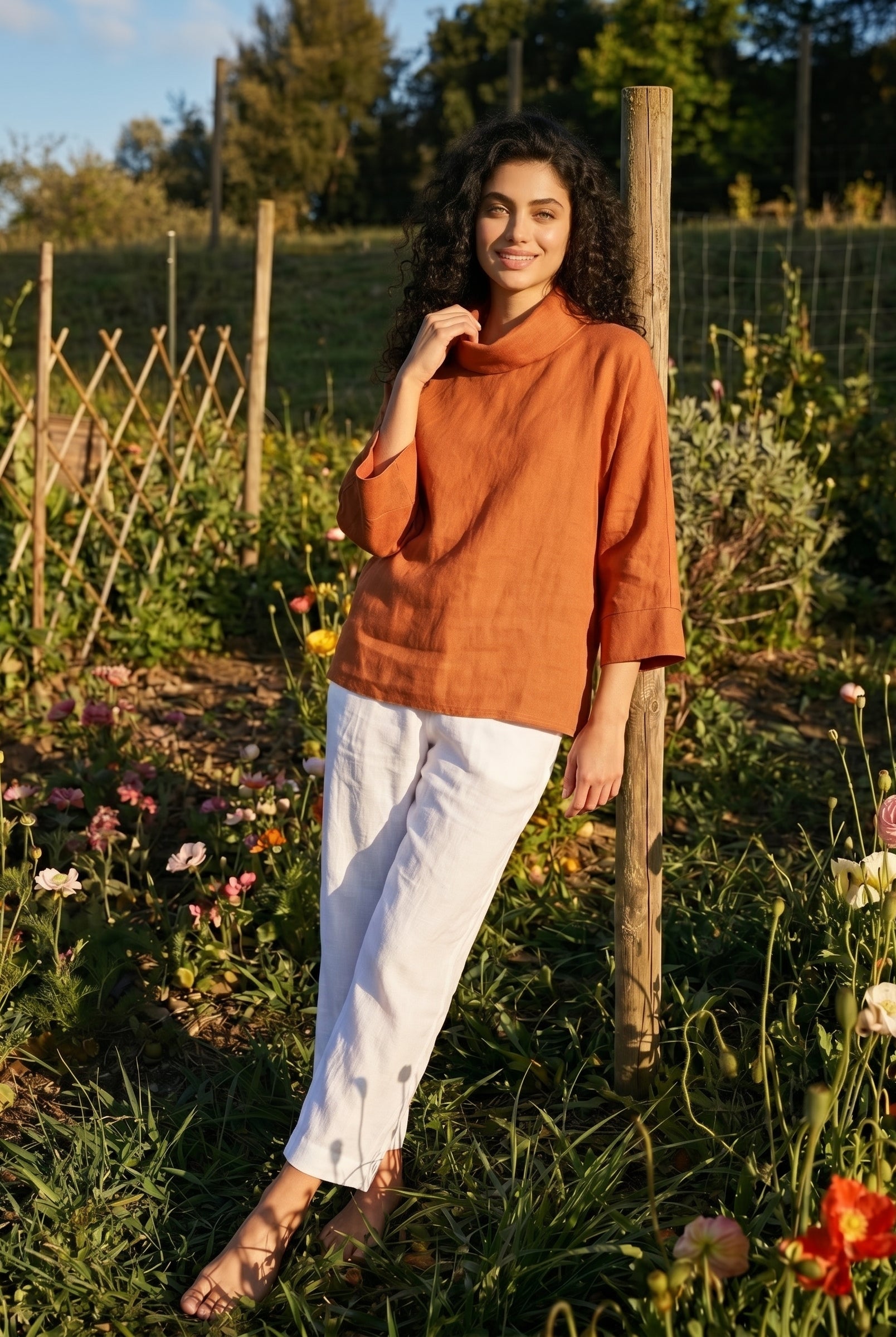 100% Linen Dropped Collar Long-Sleeve Top TRISTAN by LINTICO for women