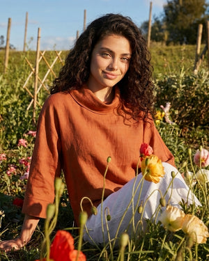 Linen-Cotton Dropped Collar Long-Sleeve Top TRISTAN by LINTICO for women