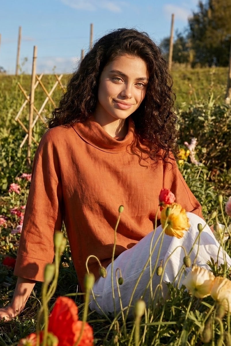 100% Linen Dropped Collar Long-Sleeve Top TRISTAN by LINTICO for women