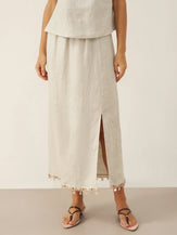 100% Linen Elastic Waist Beaded Skirt BIAN by LINTICO for women