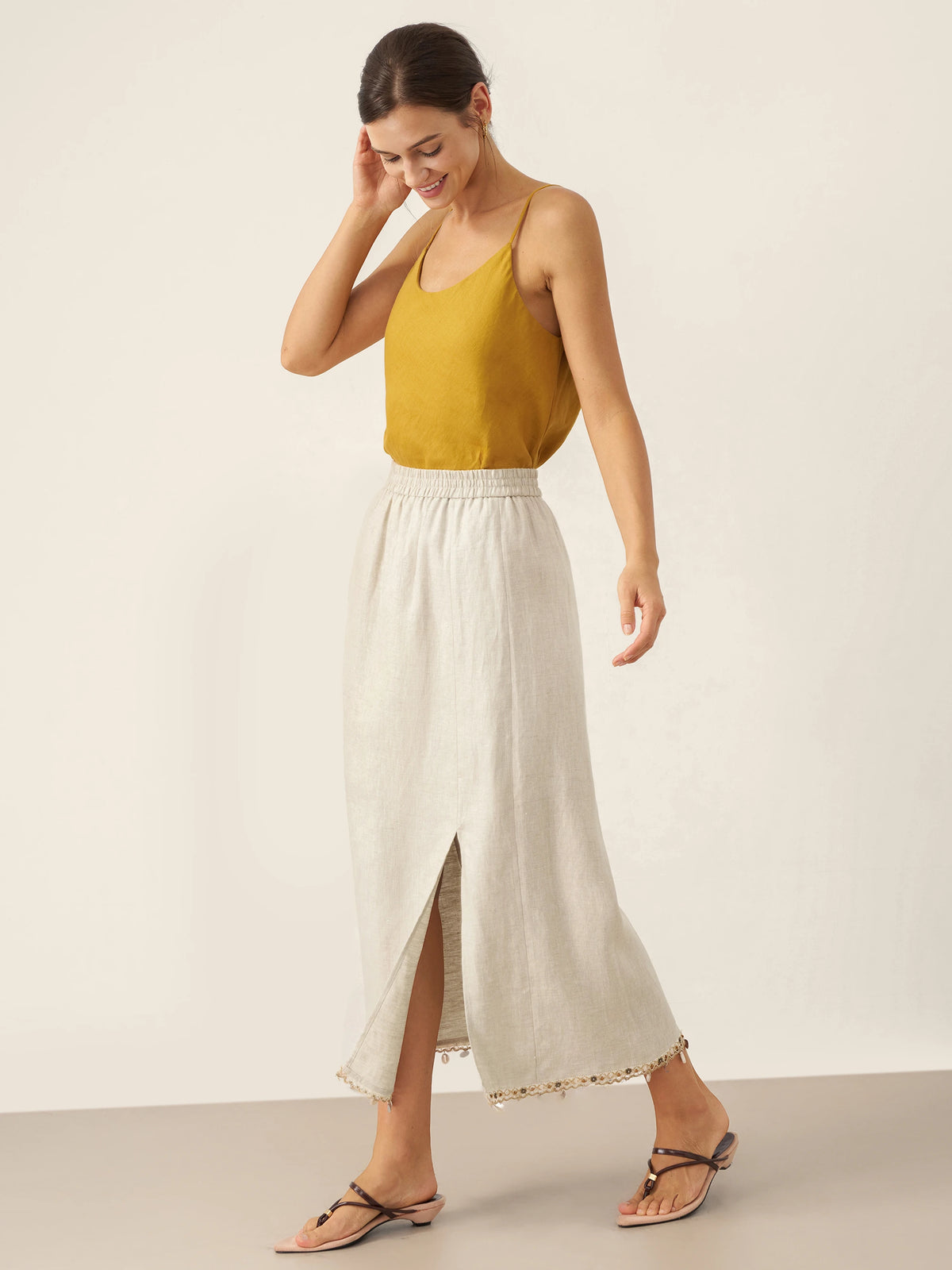 100% Linen Elastic Waist Beaded Skirt BIAN by LINTICO for women
