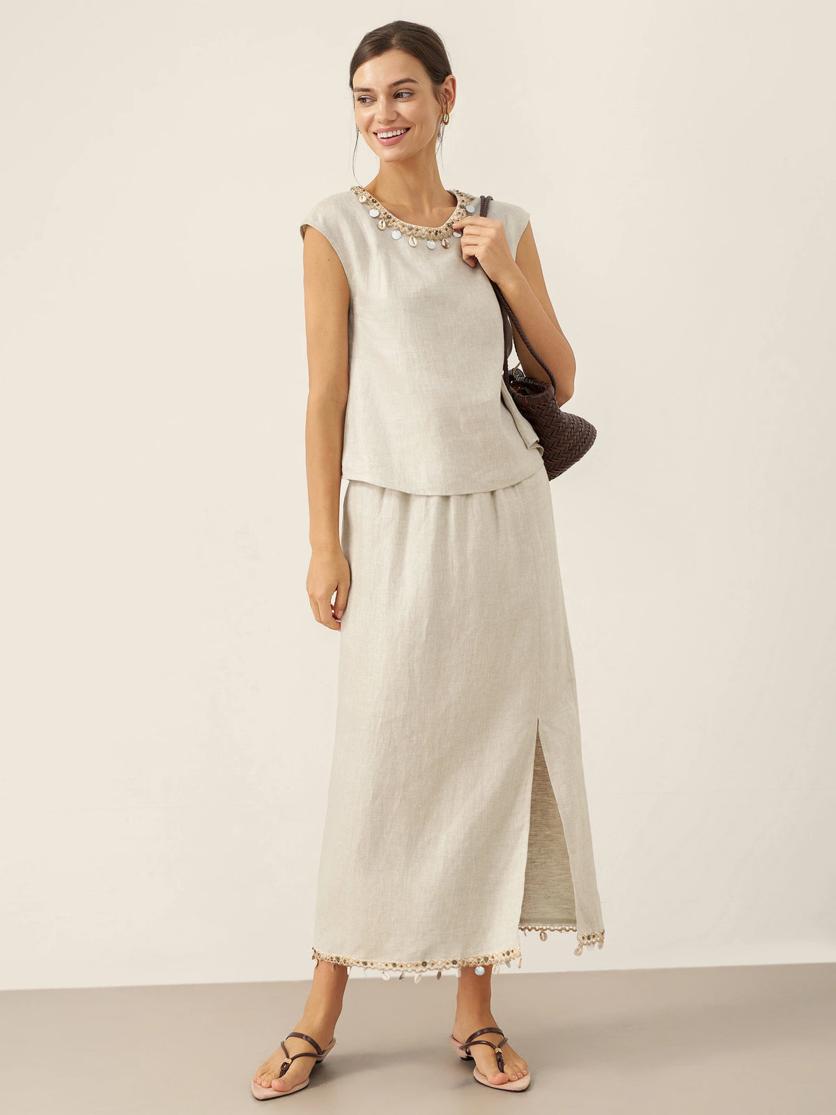 100% Linen Elastic Waist Beaded Skirt BIAN by LINTICO for women