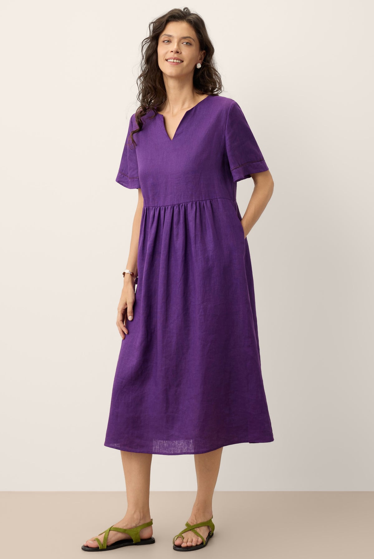 100% Linen Embroidered Cuff Split Neck Midi Dress OCTAVIA by LINTICO for women