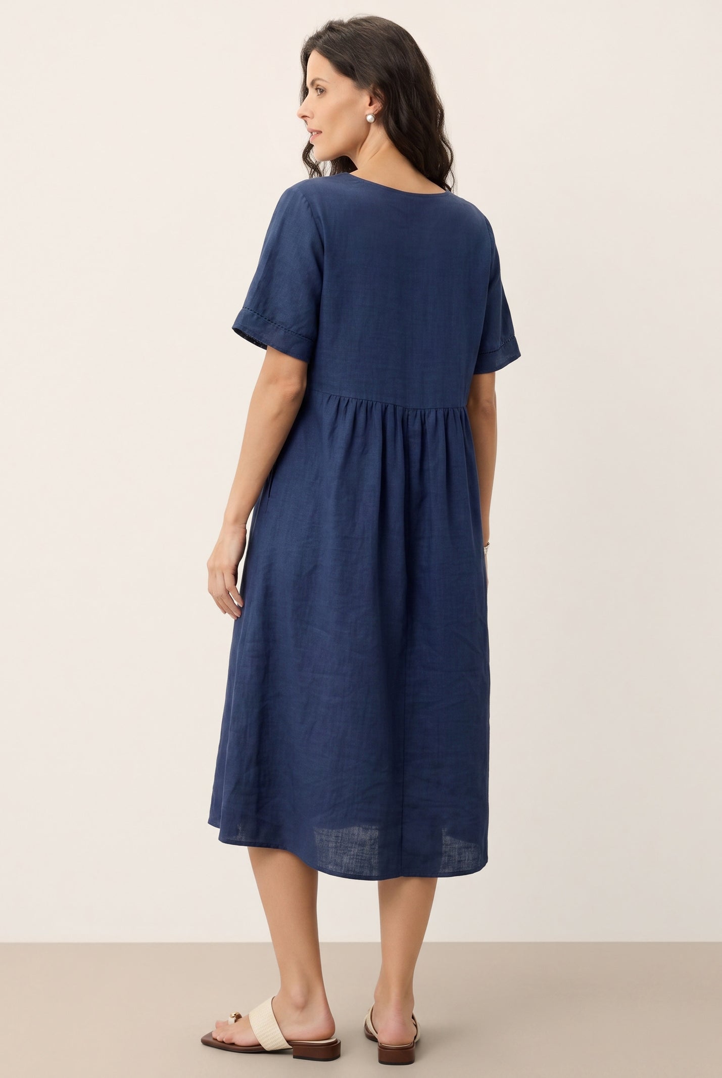 100% Linen Embroidered Cuff Split Neck Midi Dress OCTAVIA by LINTICO for women