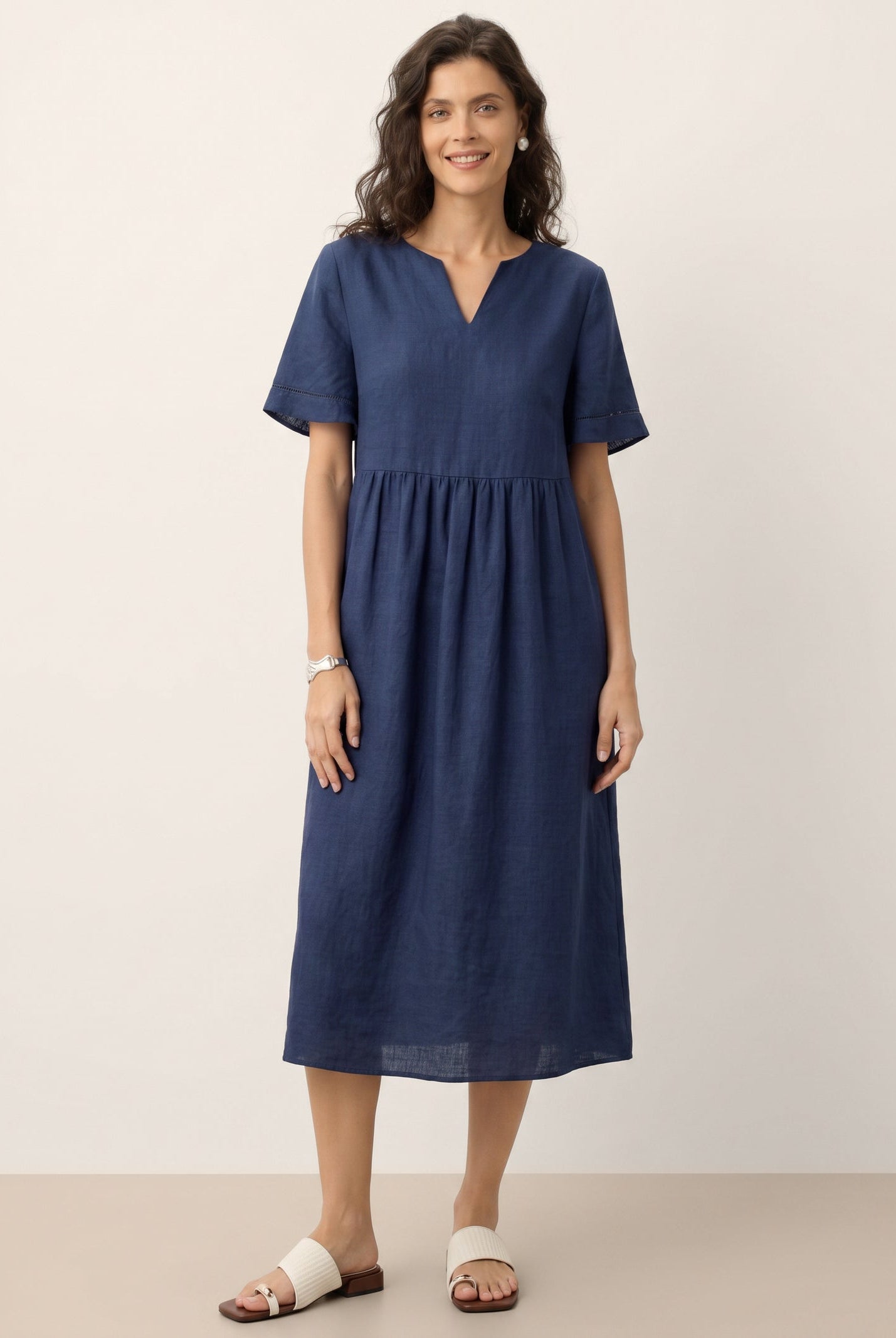 100% Linen Embroidered Cuff Split Neck Midi Dress OCTAVIA by LINTICO for women