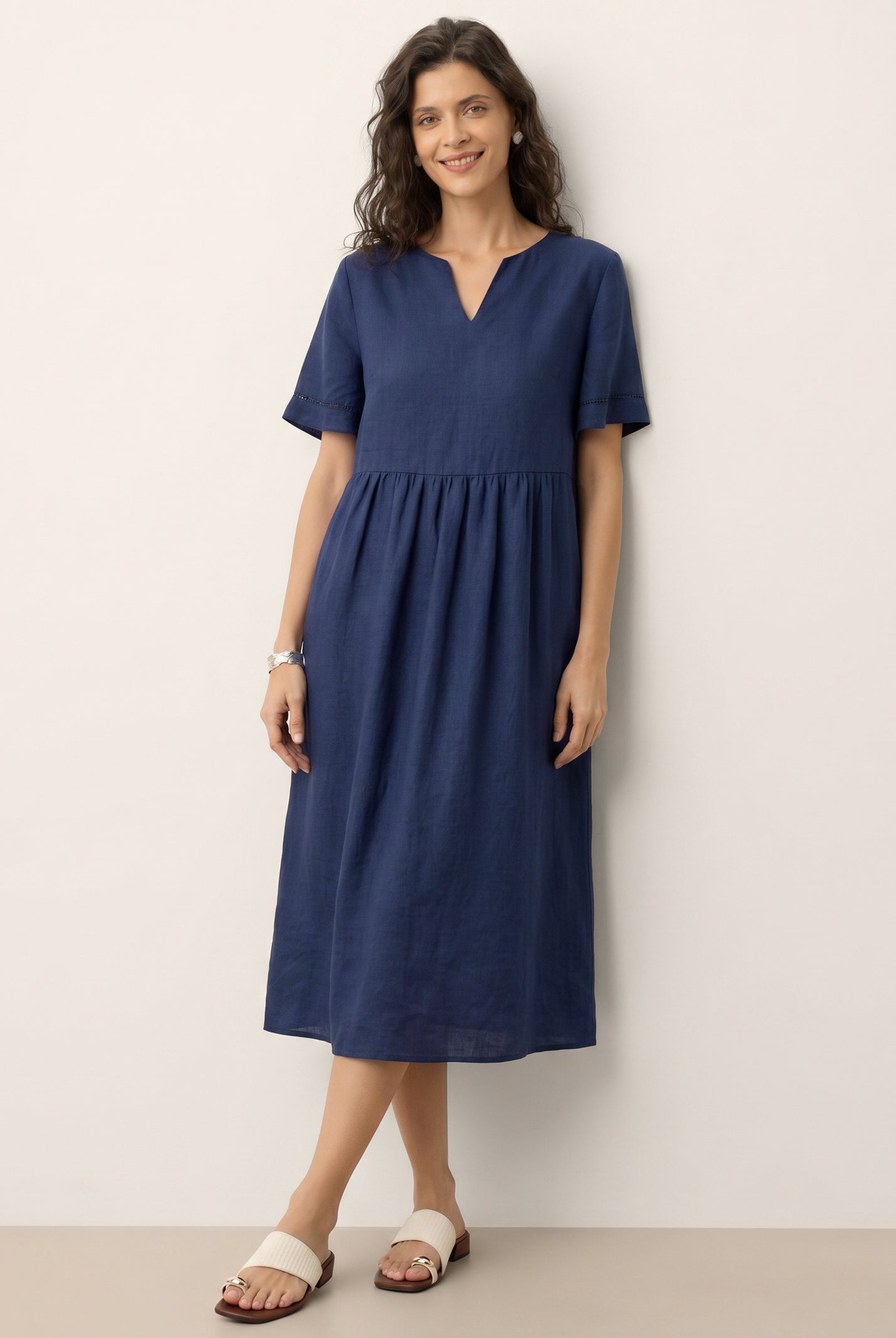 100% Linen Embroidered Cuff Split Neck Midi Dress OCTAVIA by LINTICO for women