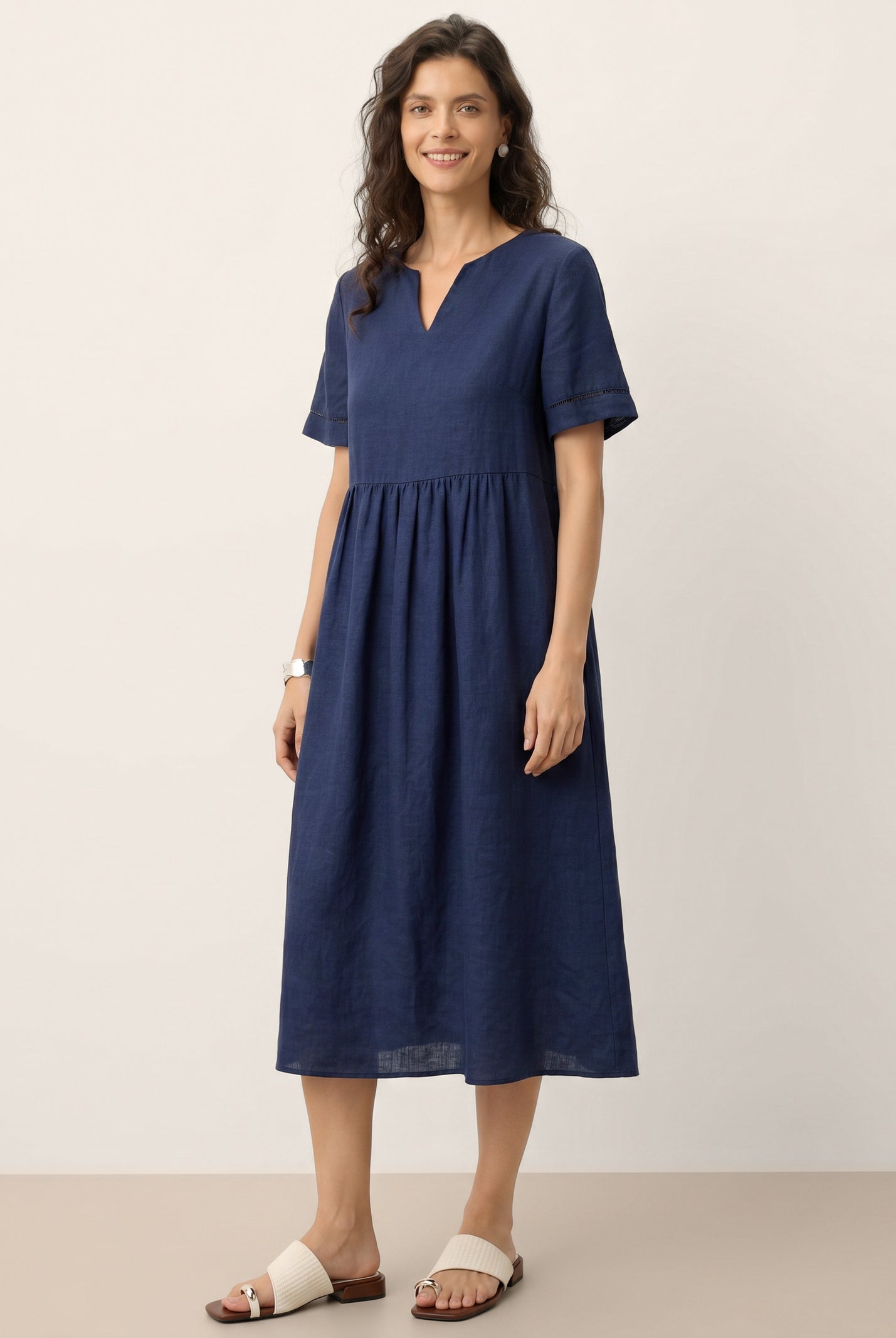 100% Linen Embroidered Cuff Split Neck Midi Dress OCTAVIA by LINTICO for women