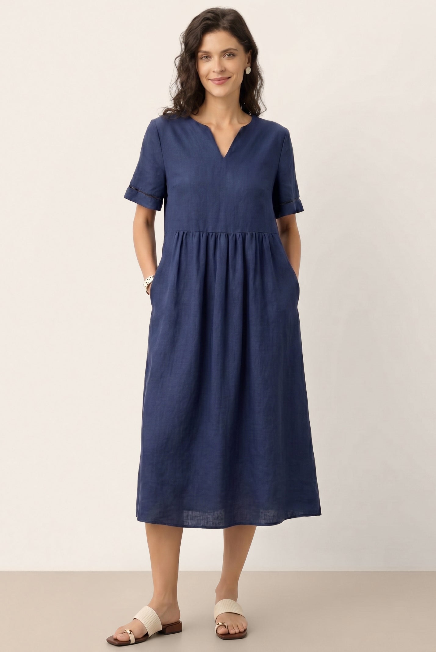100% Linen Embroidered Cuff Split Neck Midi Dress OCTAVIA by LINTICO for women