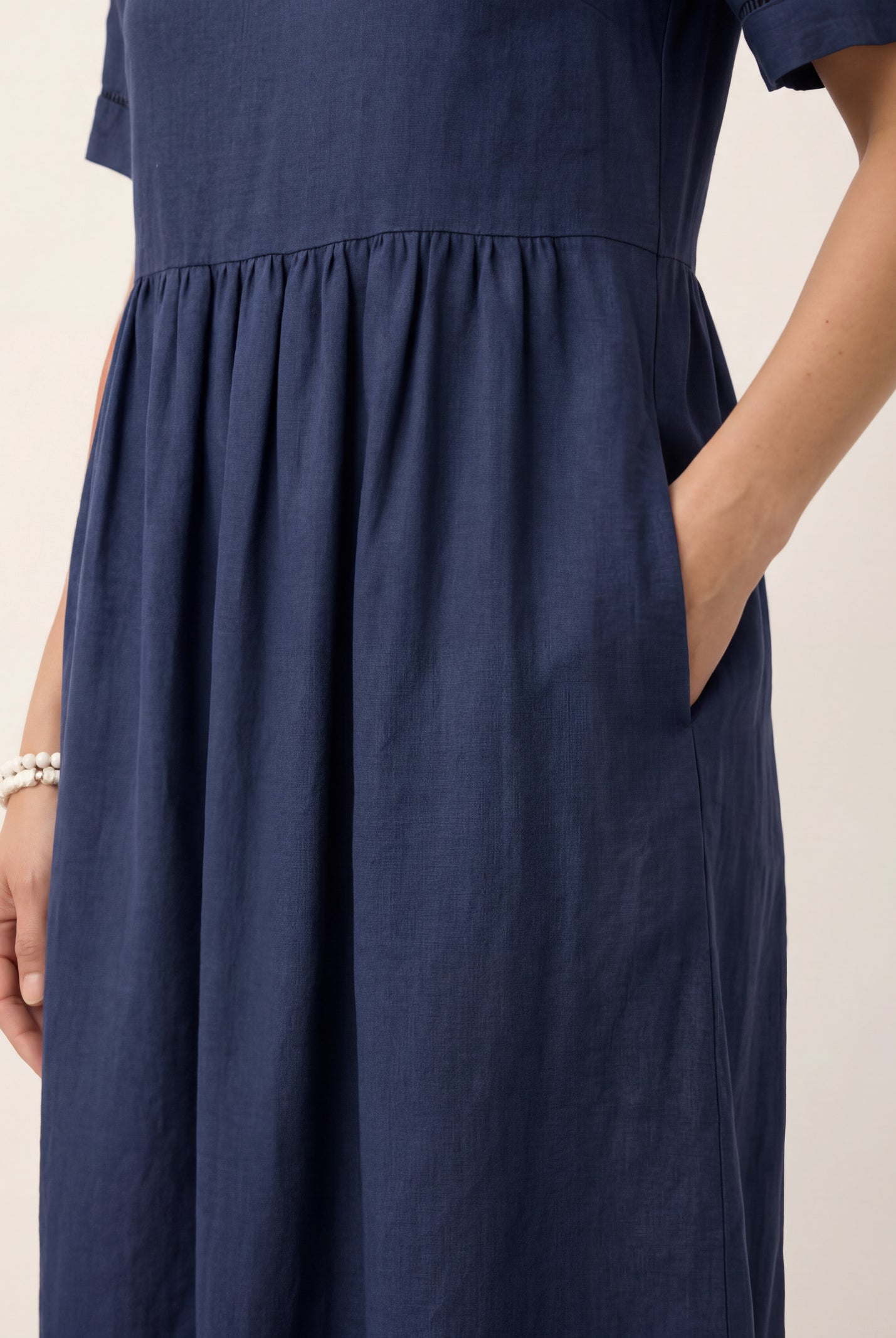 100% Linen Embroidered Cuff Split Neck Midi Dress OCTAVIA by LINTICO for women