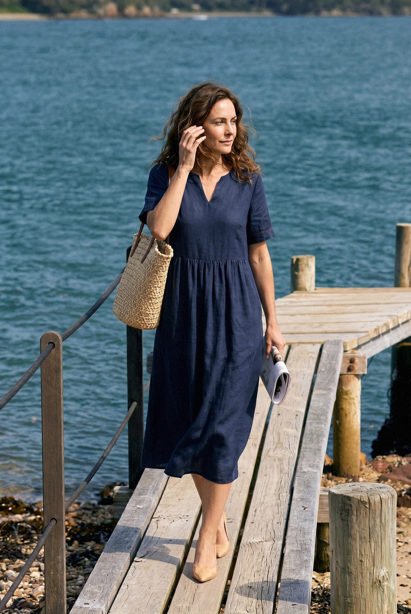 100% Linen Embroidered Cuff Split Neck Midi Dress OCTAVIA by LINTICO for women