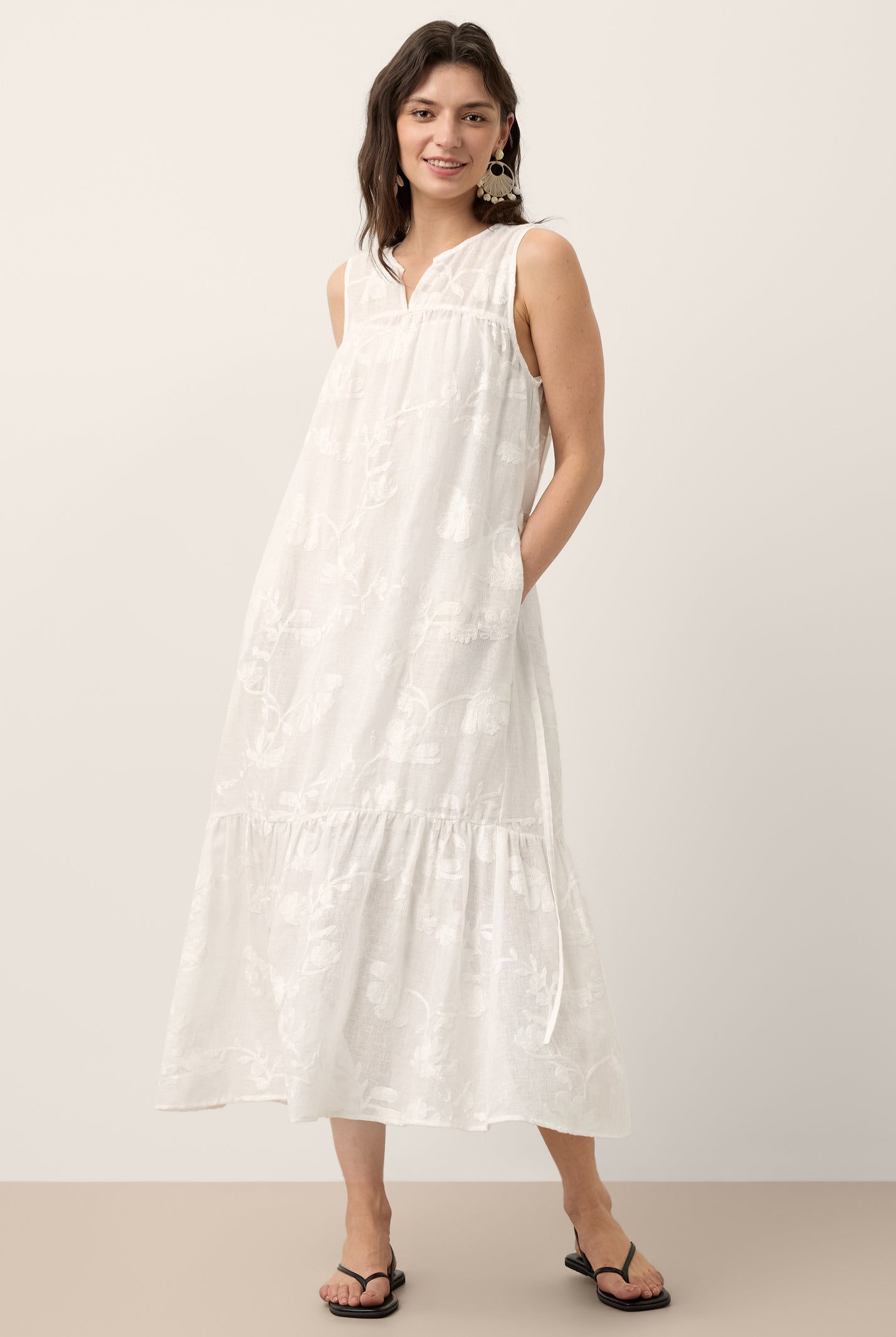 100% Linen Floral Applique Tie-Back Maxi Dress Set with Slip GENEVRA by LINTICO for women