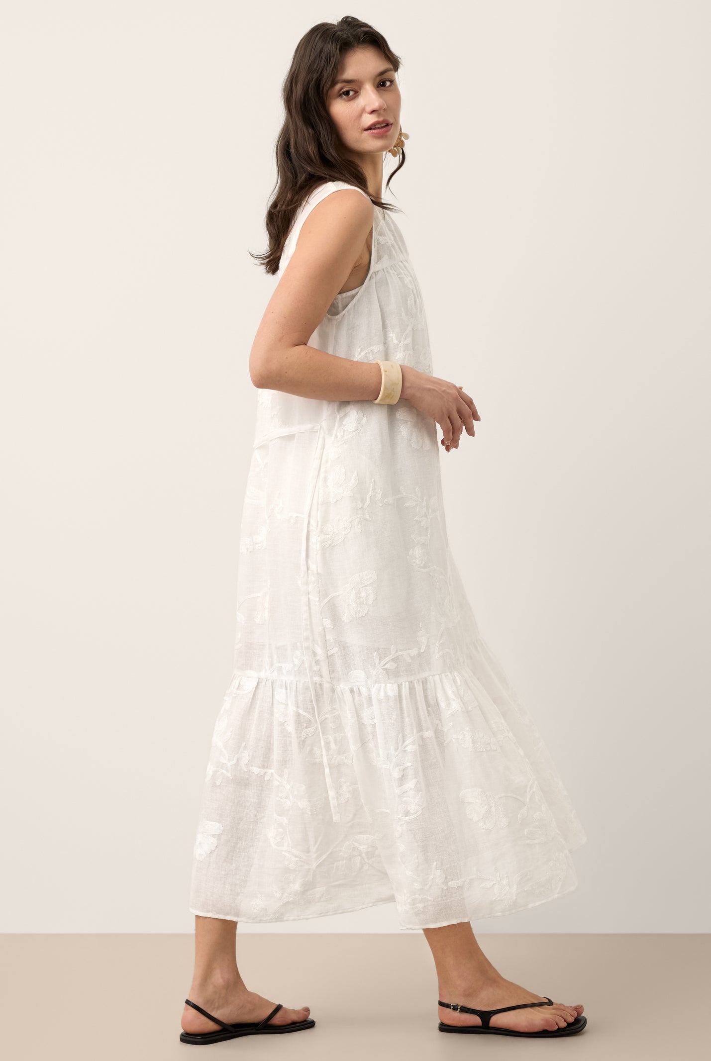 100% Linen Floral Applique Tie-Back Maxi Dress Set with Slip GENEVRA by LINTICO for women