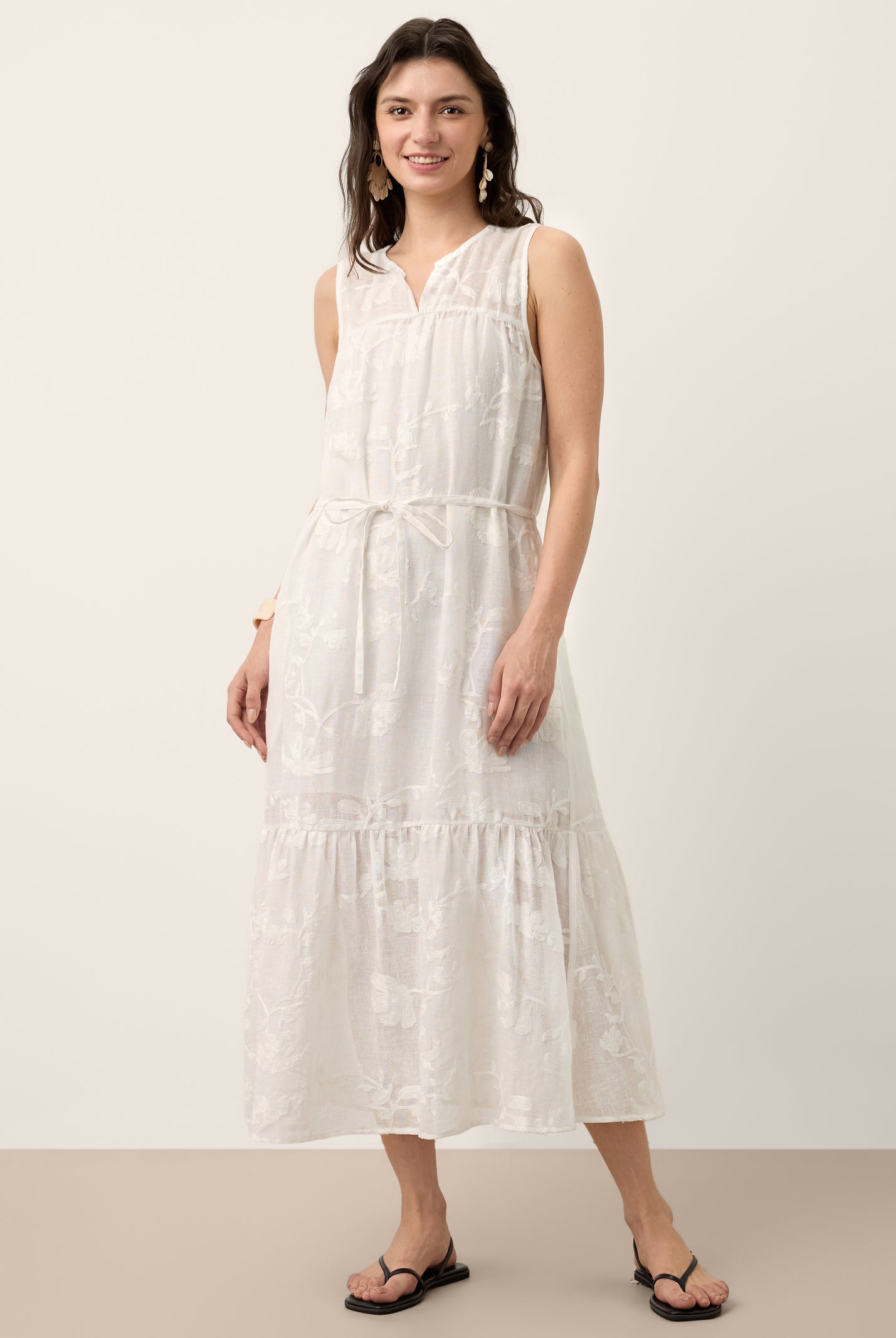 100% Linen Floral Applique Tie-Back Maxi Dress Set with Slip GENEVRA by LINTICO for women