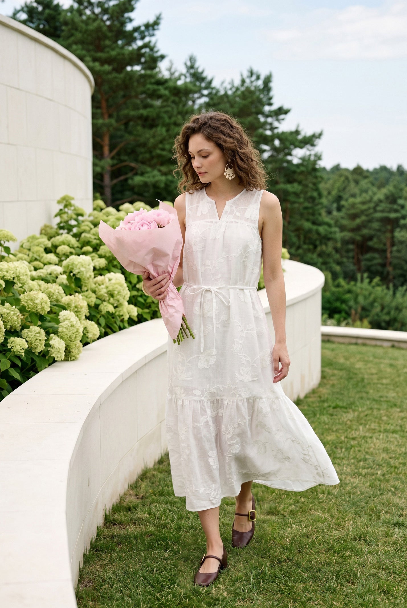 100% Linen Floral Applique Tie-Back Maxi Dress Set with Slip GENEVRA by LINTICO for women