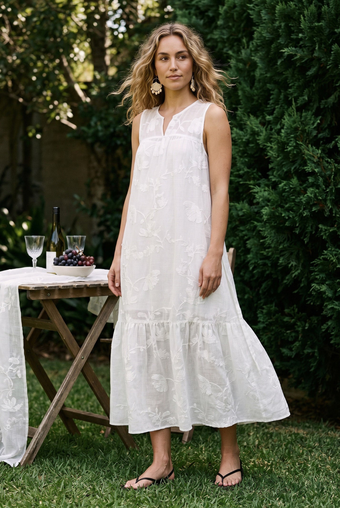 100% Linen Floral Applique Tie-Back Maxi Dress Set with Slip GENEVRA by LINTICO for women