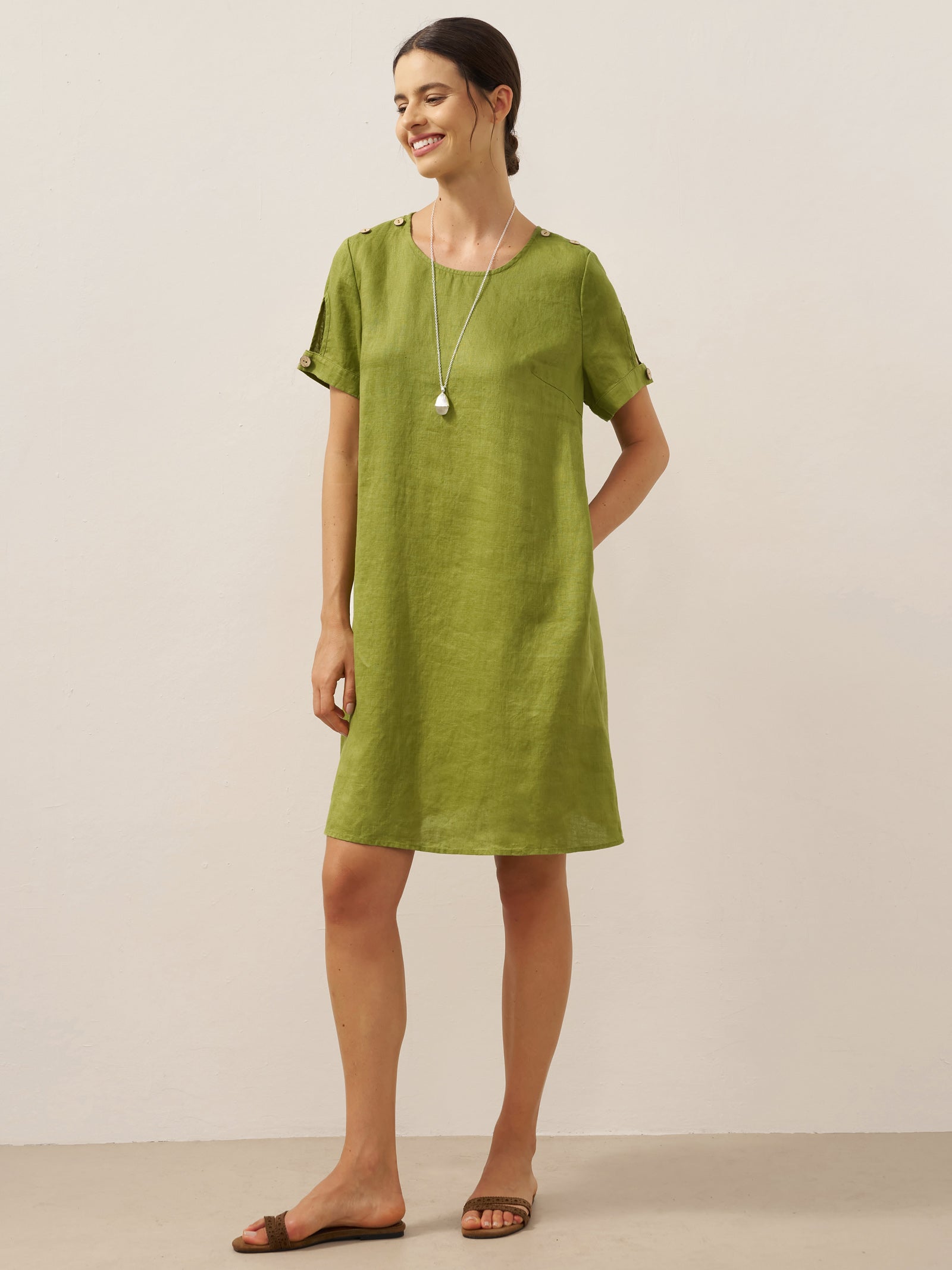 100% Linen Eyelet Short Sleeve Mini Dress LIA by LINTICO for women