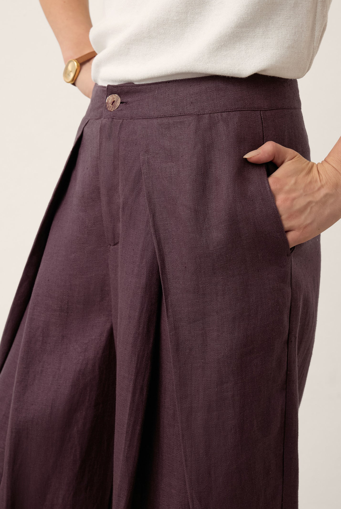 100% Linen Yarn Dyed Pleated Elastic Waist Wide Leg Culottes PALOMA by LINTICO for women