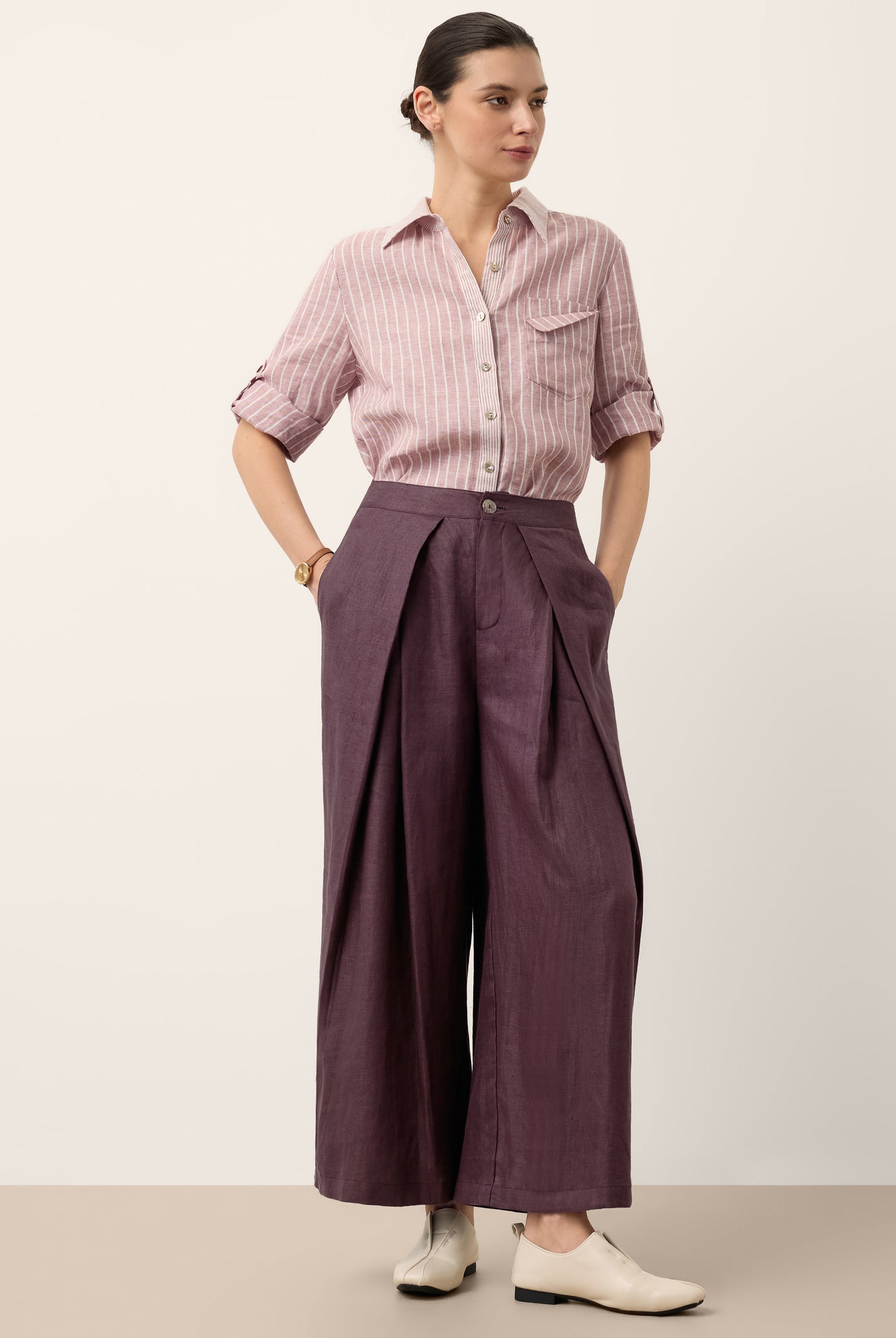 100% Linen Yarn Dyed Pleated Elastic Waist Wide Leg Culottes PALOMA by LINTICO for women
