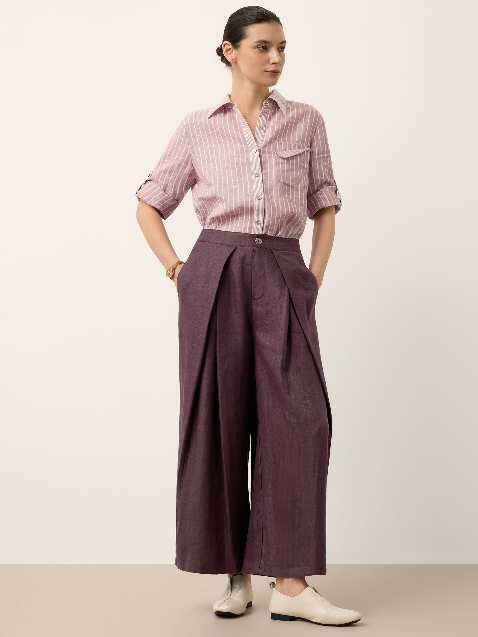 100% Linen Yarn Dyed Pleated Elastic Waist Wide Leg Culottes PALOMA by LINTICO for women