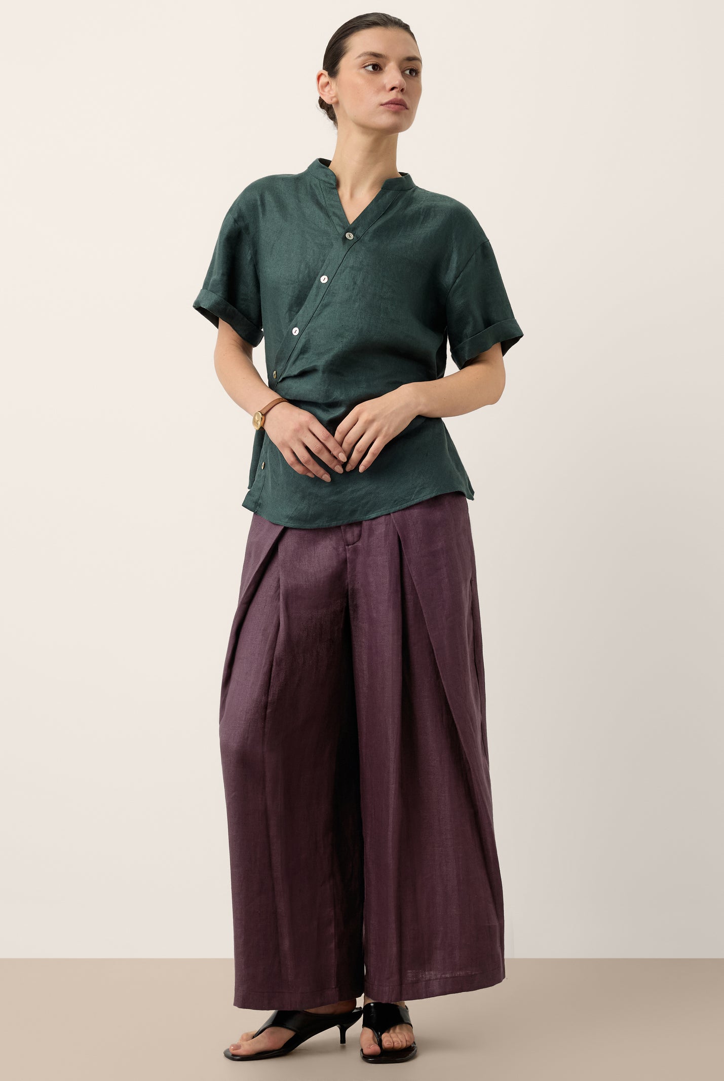 100% Linen Yarn Dyed Pleated Elastic Waist Wide Leg Culottes PALOMA by LINTICO for women