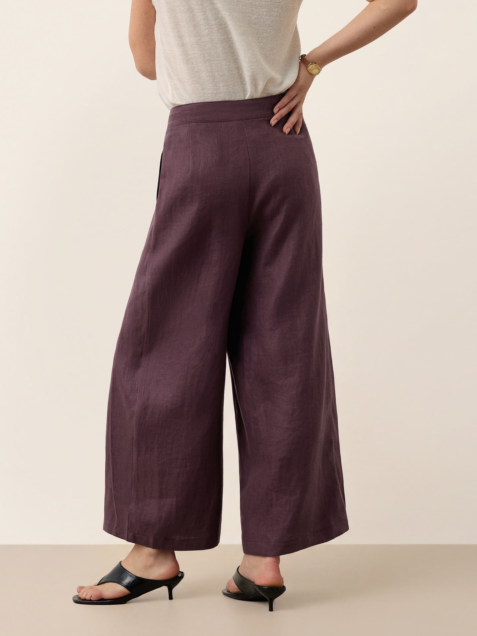 100% Linen Yarn Dyed Pleated Elastic Waist Wide Leg Culottes PALOMA by LINTICO for women