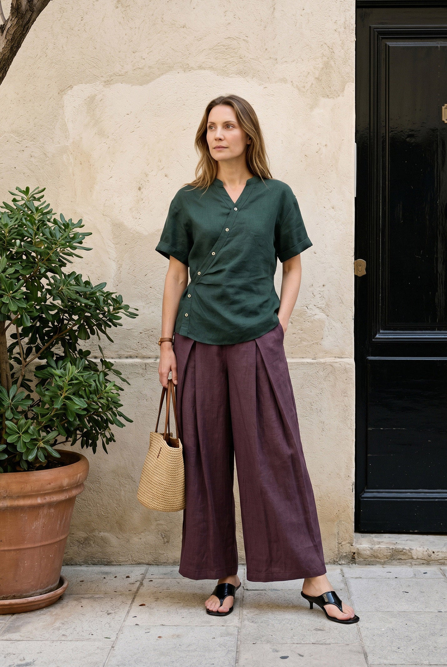 100% Linen Yarn Dyed Pleated Elastic Waist Wide Leg Culottes PALOMA by LINTICO for women