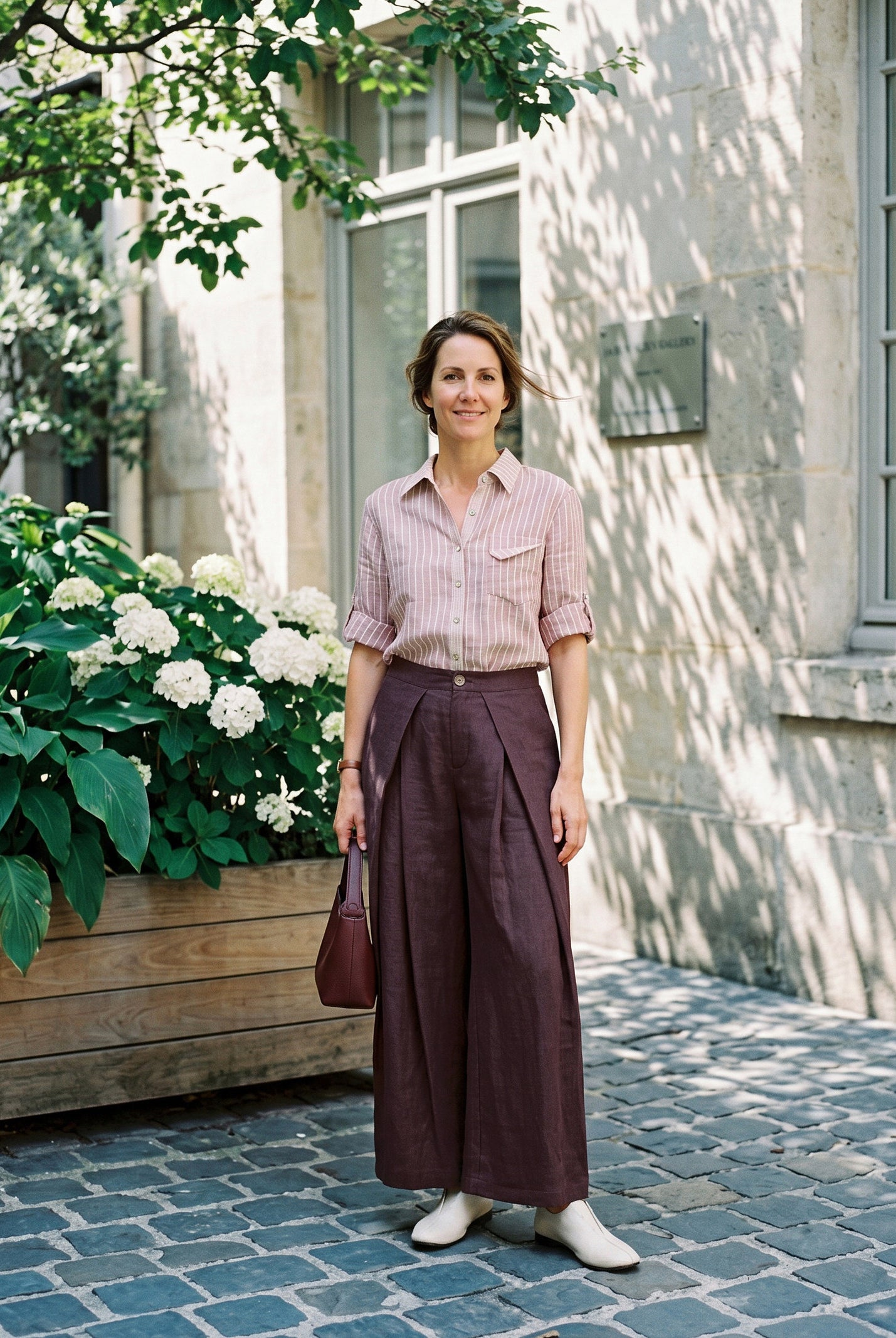 100% Linen Yarn Dyed Pleated Elastic Waist Wide Leg Culottes PALOMA by LINTICO for women