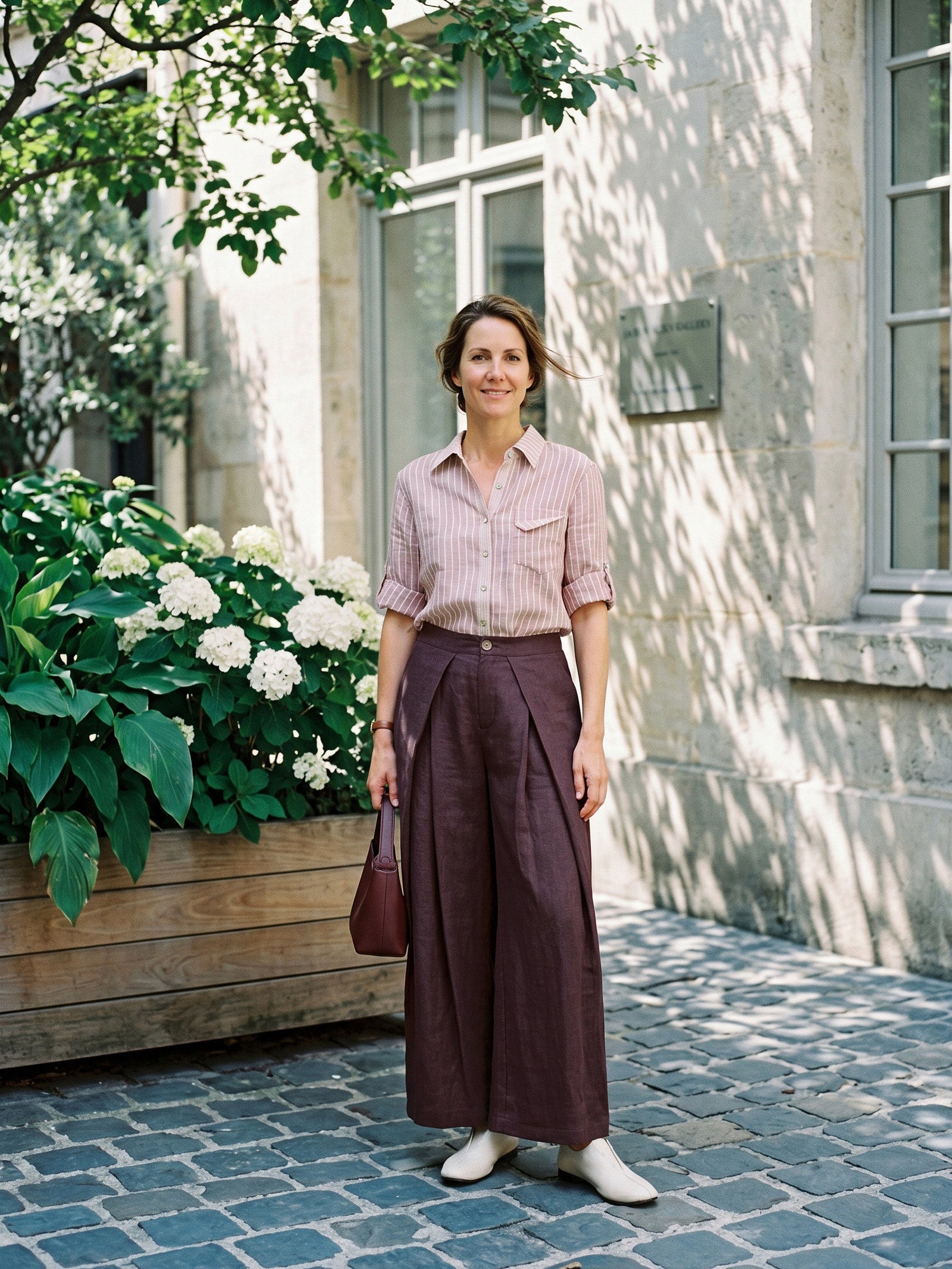 100% Linen Yarn Dyed Pleated Elastic Waist Wide Leg Culottes PALOMA by LINTICO for women