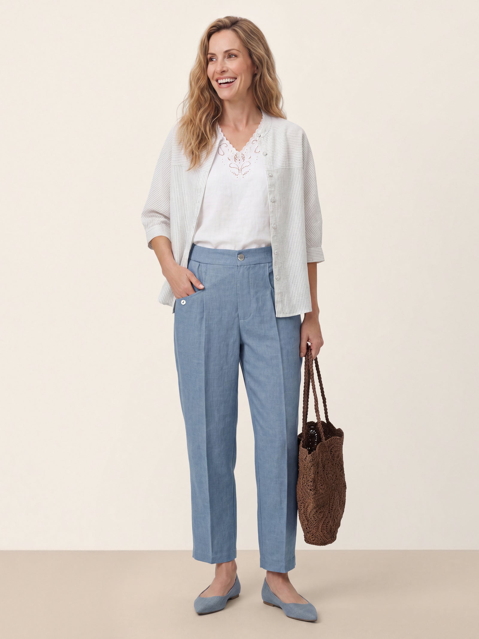 Blue 100% Linen Front Pleat Tapered Ankle Pants VIVICA by LINTICO
