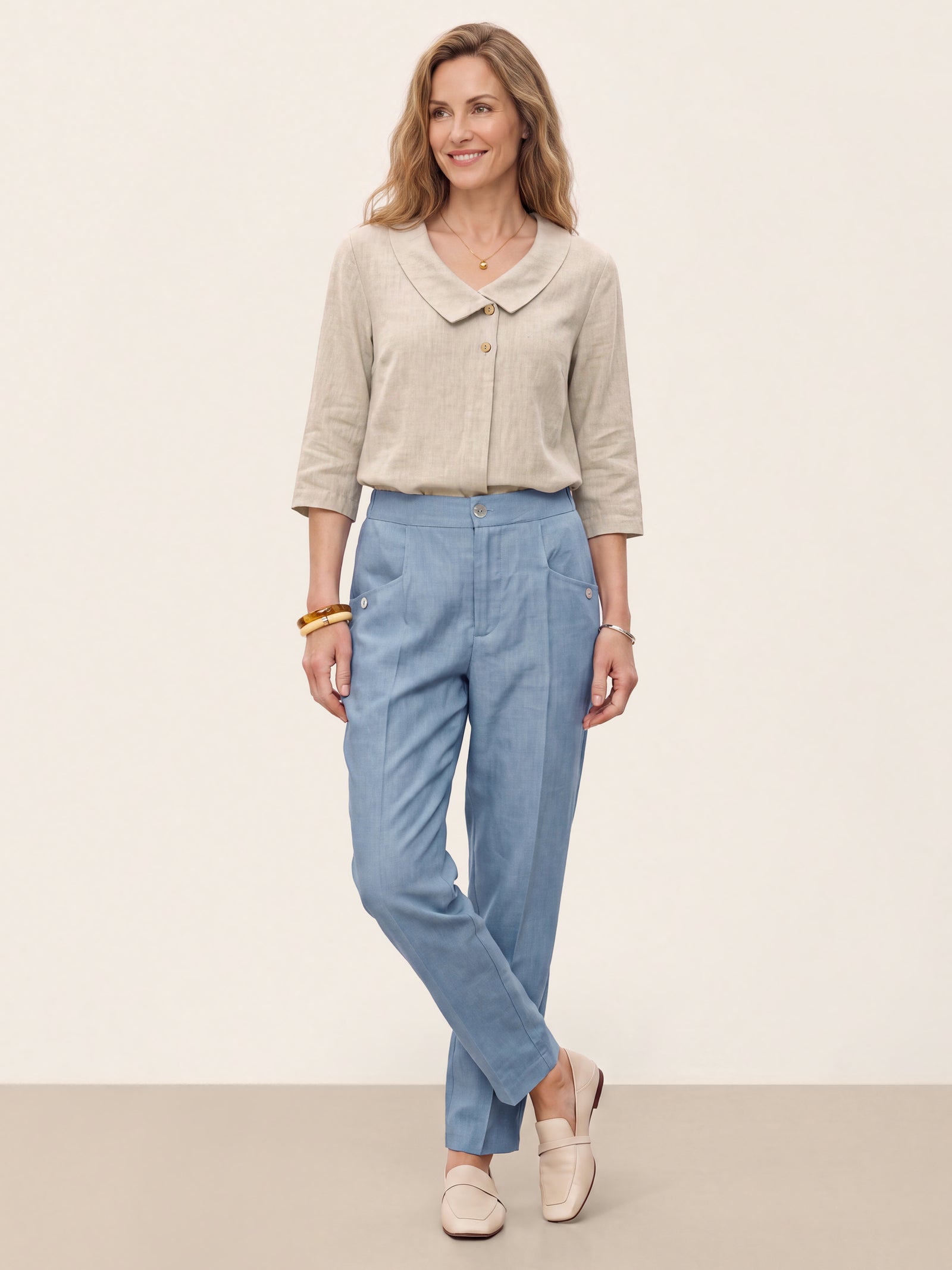 Blue 100% Linen Front Pleat Tapered Ankle Pants VIVICA by LINTICO